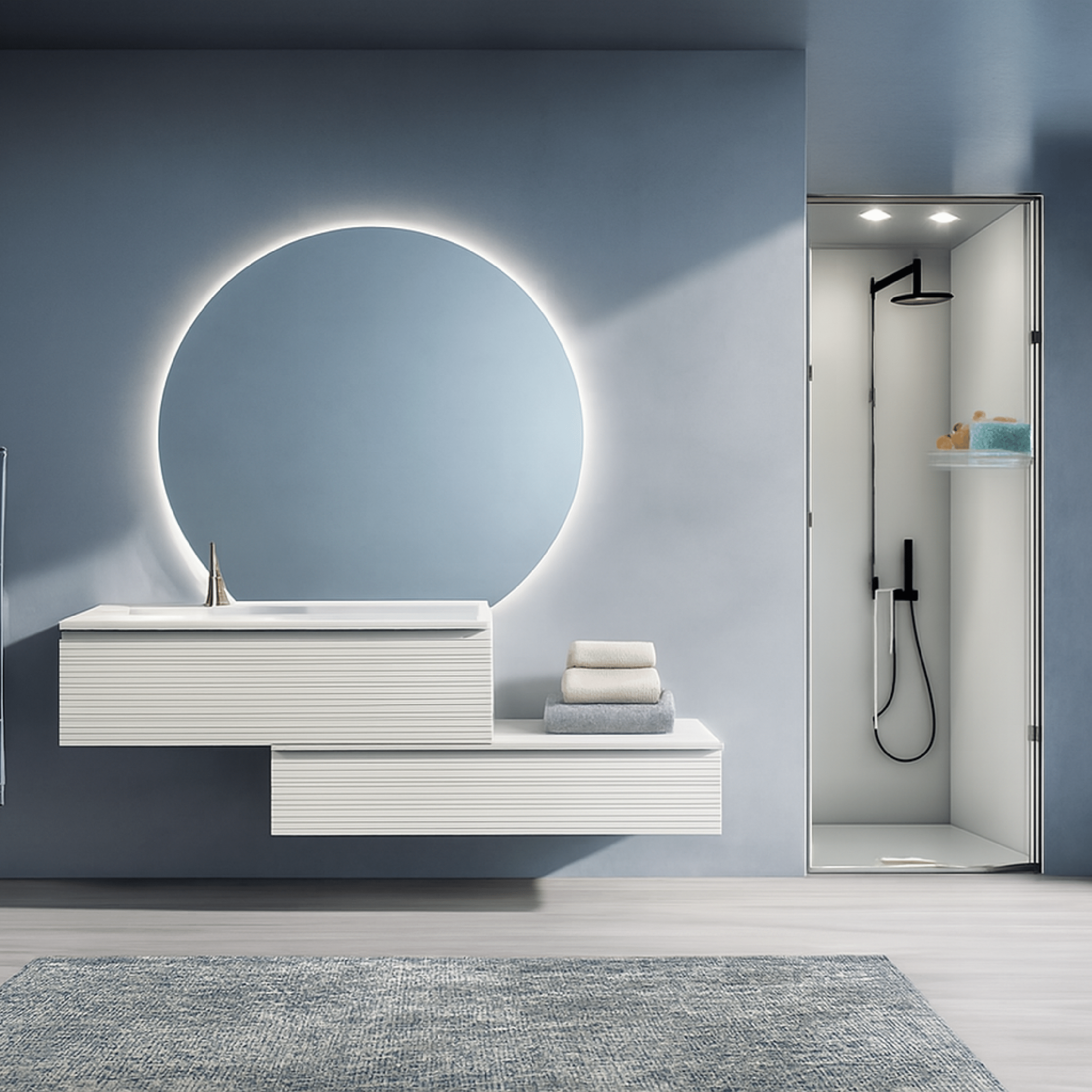 Mobile Bagno Sospeso Sfalsato 120 Cm Due Cassetti Specchio Retroilluminato 125x115 Cm ItalBagno "Diamante 109"