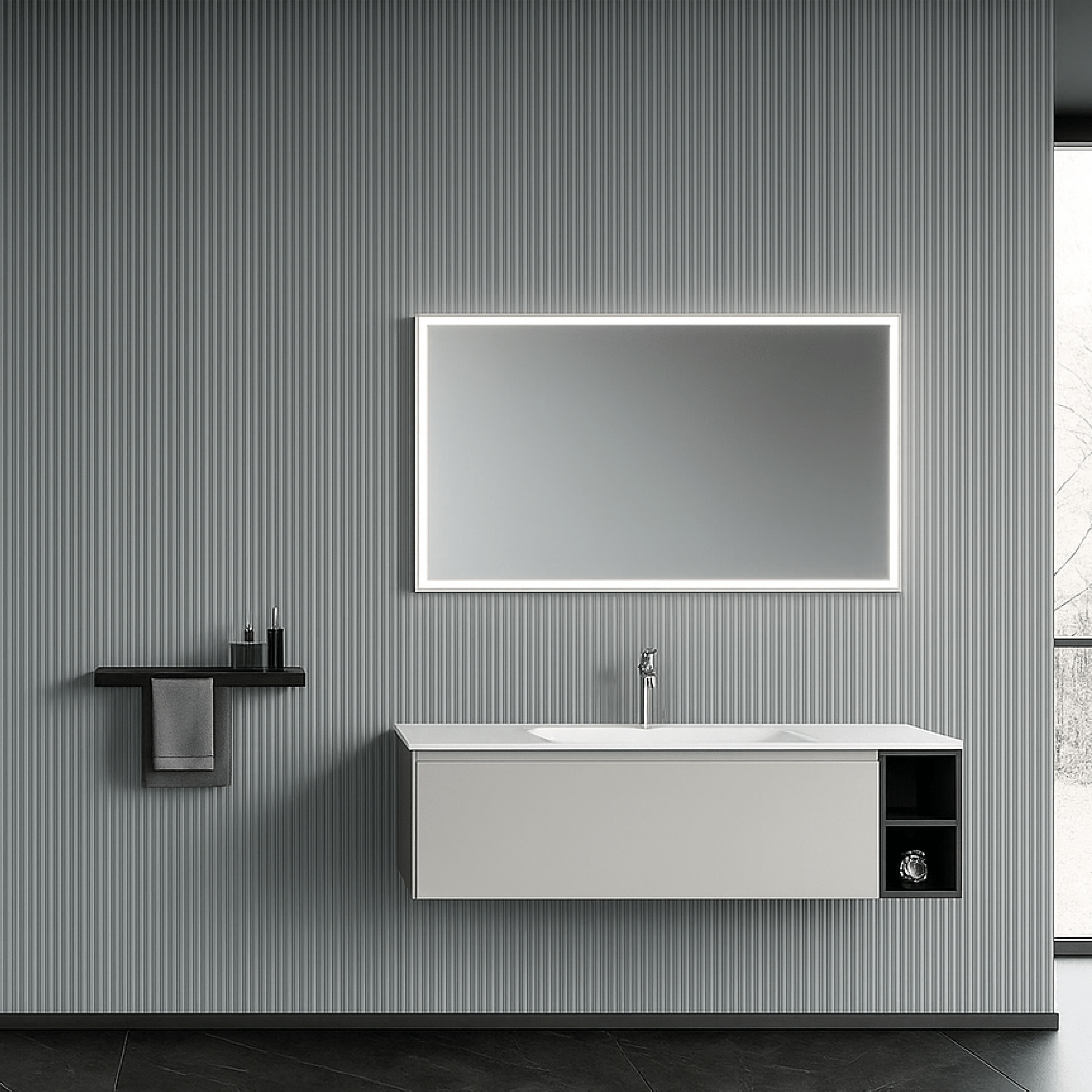 Mobile Bagno Sospeso 120 Cm Un Cassetto Con Vano a Giorno Specchio Con Led Frontale 120x70 Cm ItalBagno "Kompos 120"