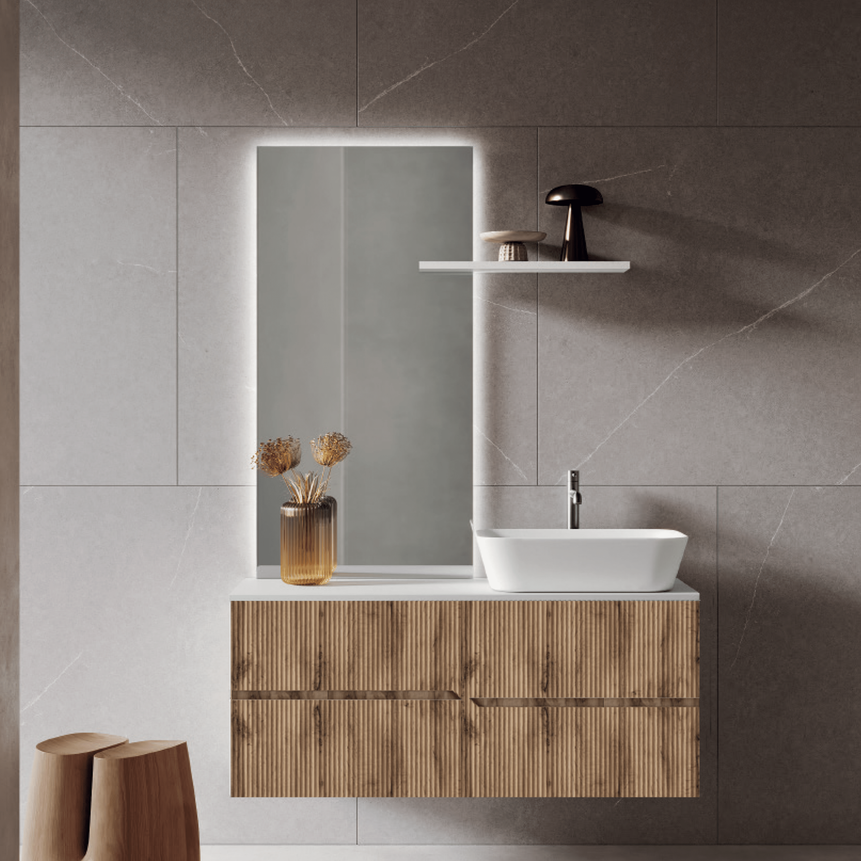 Mobile Bagno Sospeso Cannettato 120 Cm Due Cassetti Specchio Led Con Touch 60x90 Cm ItalBagno "Victor"