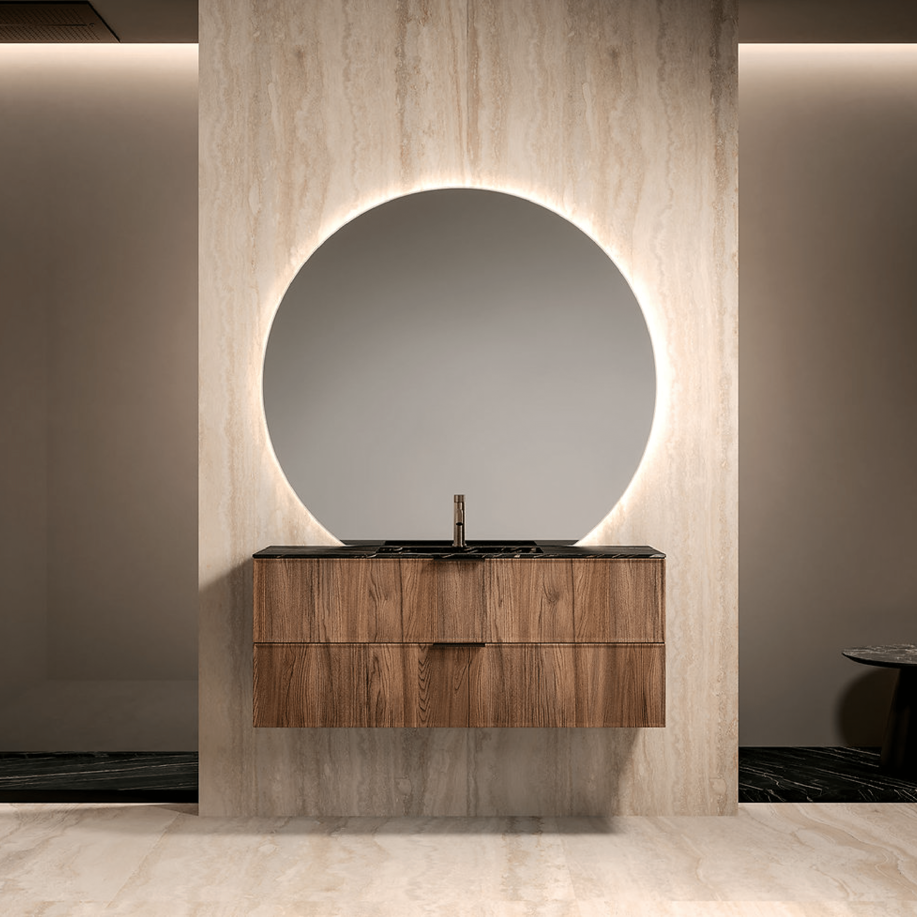 Mobile Bagno Sospeso 100 Cm Due Cassetti Specchio Retroilluminato 125x115 Cm ItalBagno "Venus 101" Rovere Rio/Noir Desir