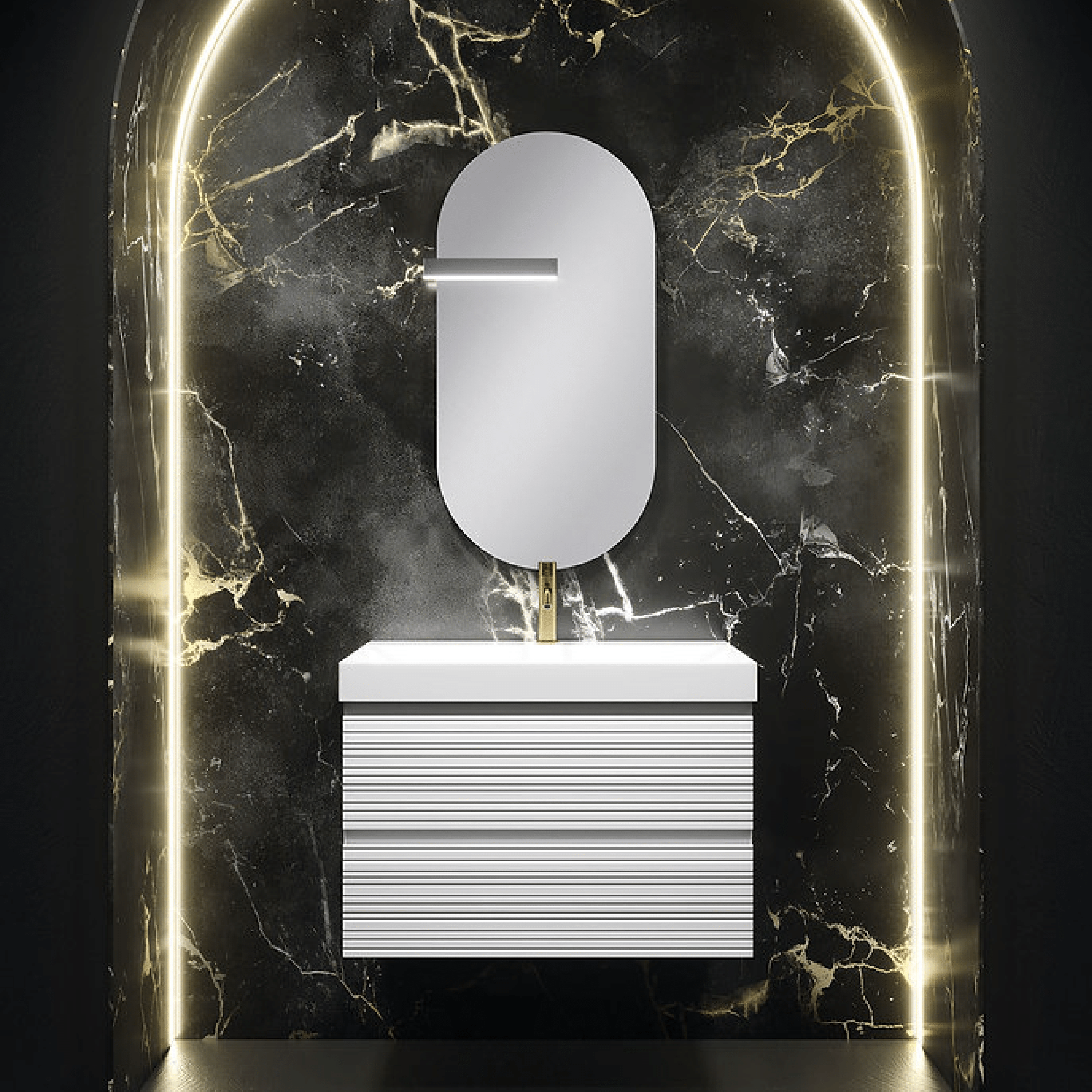 Mobile Bagno Sospeso 80 Cm Due Cassetti Specchio Con Lampada Led 50x100 Cm ItalBagno "Diamante 115"