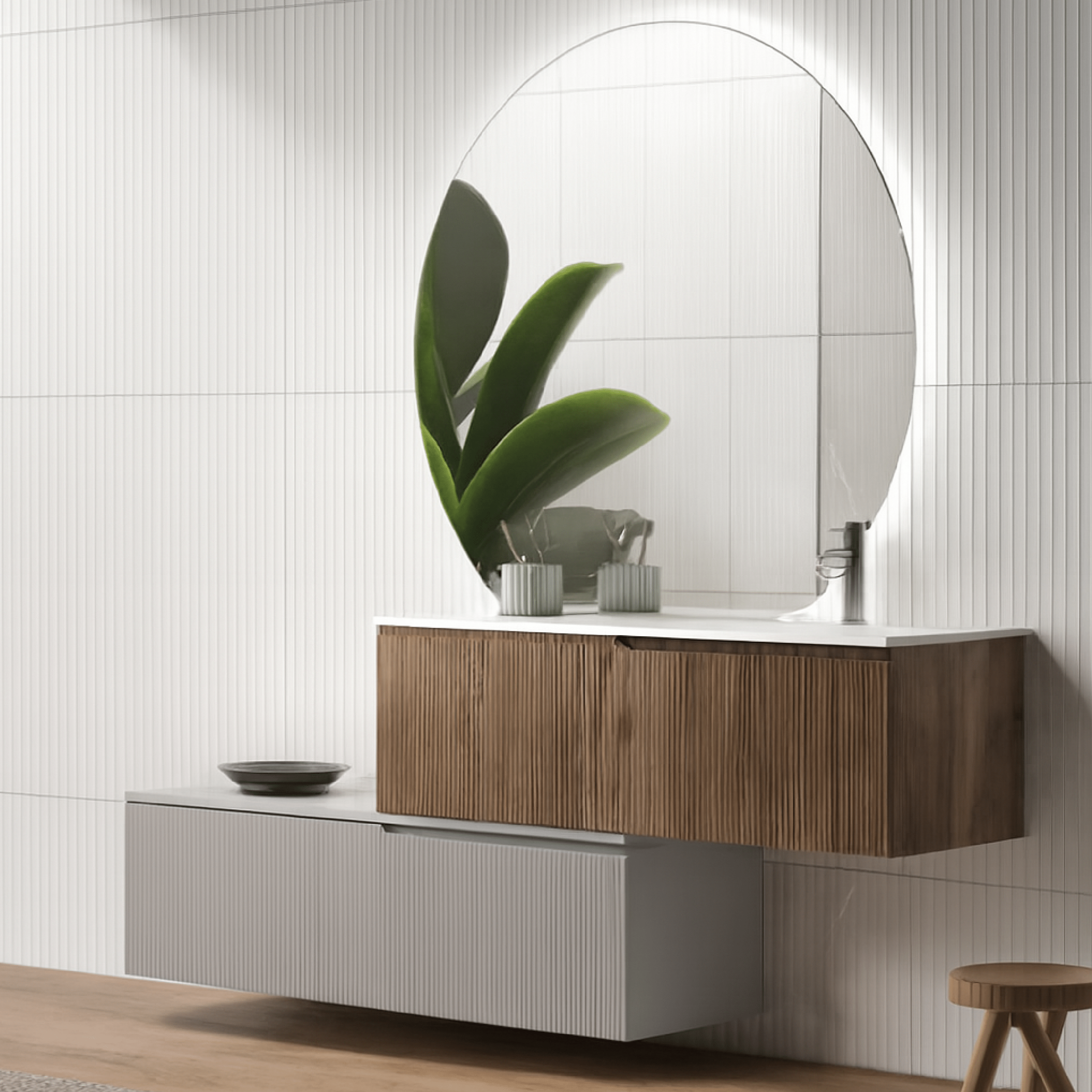 Mobile Bagno Sospeso Cannettato Sfalsato 120 Cm Due Cassetti Specchio Retroilluminato 125x115 Cm ItalBagno "Victor"