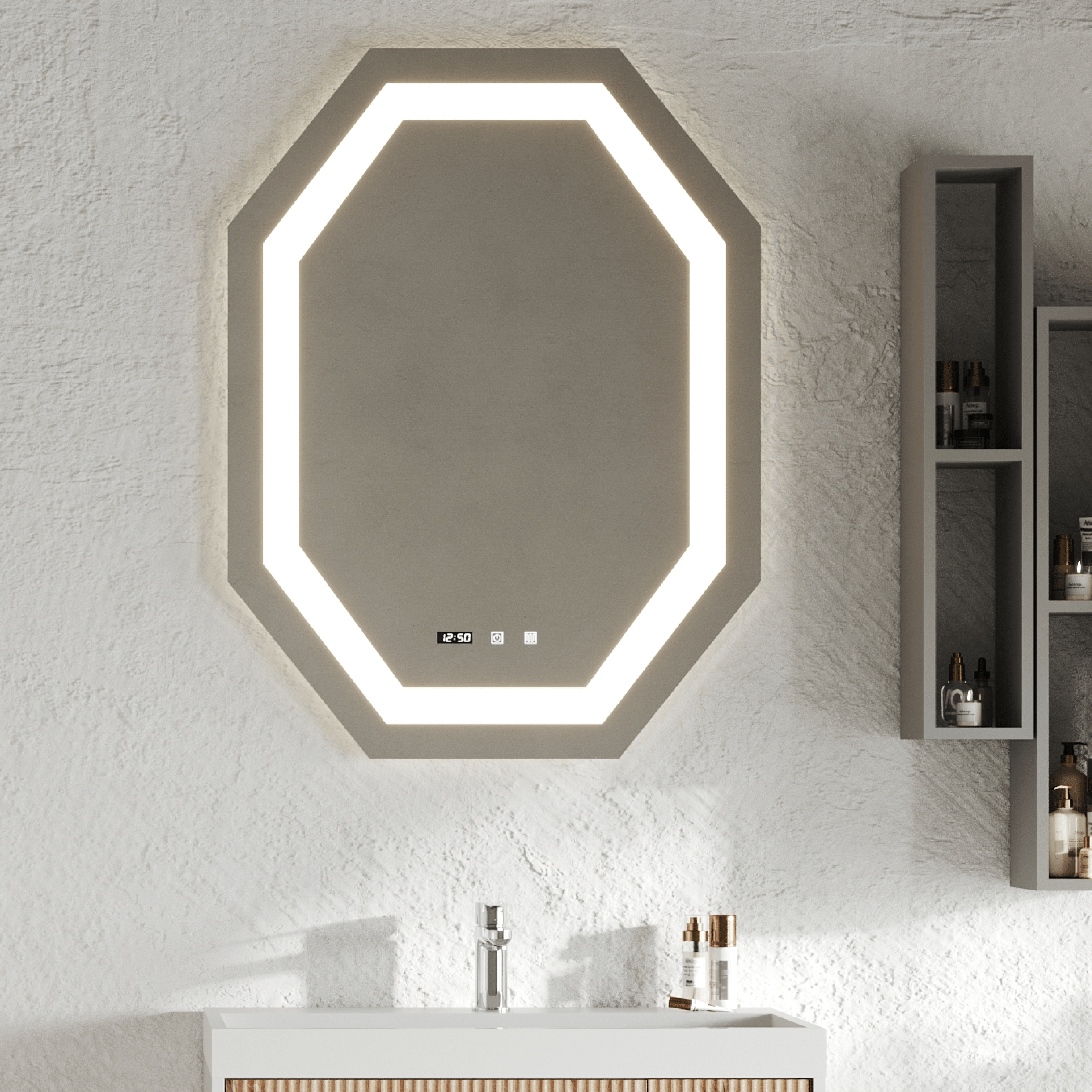 Specchio Ottagonale 75x100 Con Illuminazione Frontale Display Con Orario Savini Due