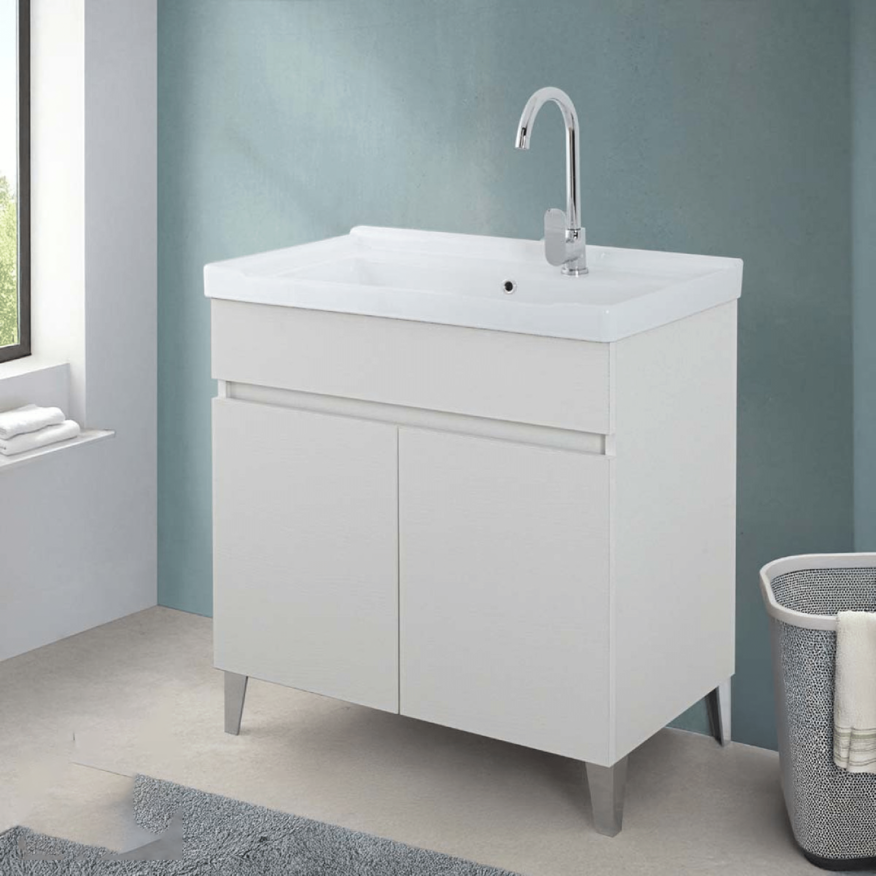 Lavatoio a Terra 80x46,8 Due Ante Con Vasca Feridras "Alba" Bianco Frassinato