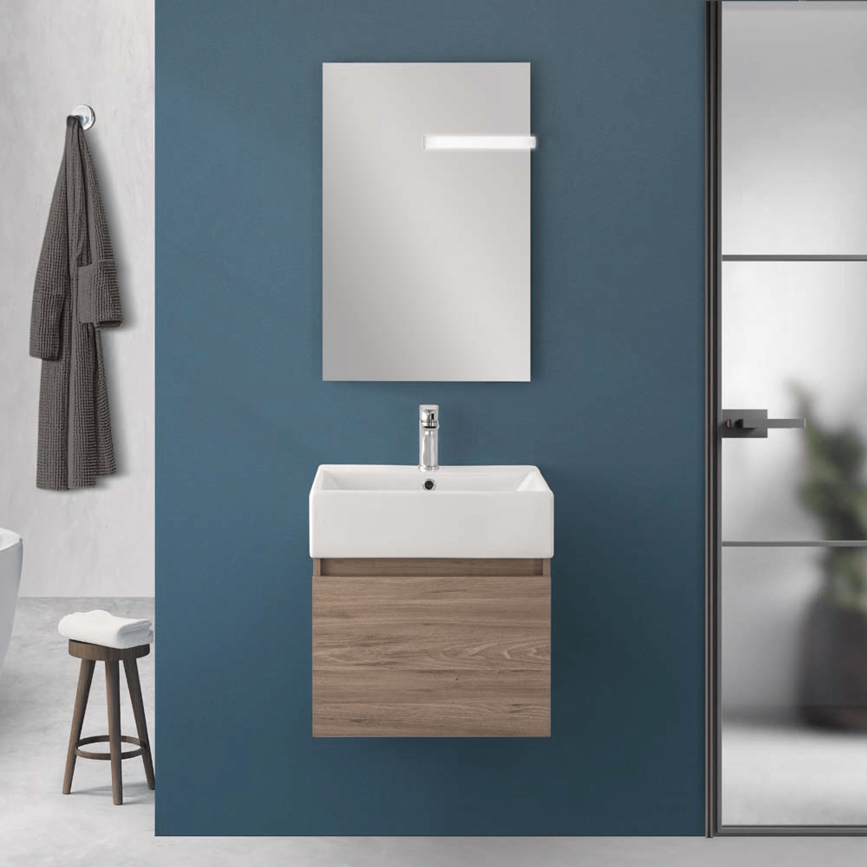 Mobile Bagno Sospeso 50 Cm Un'Anta Specchio Filo Lucido 50x60 Cm Feridras "Kira" Rovere
