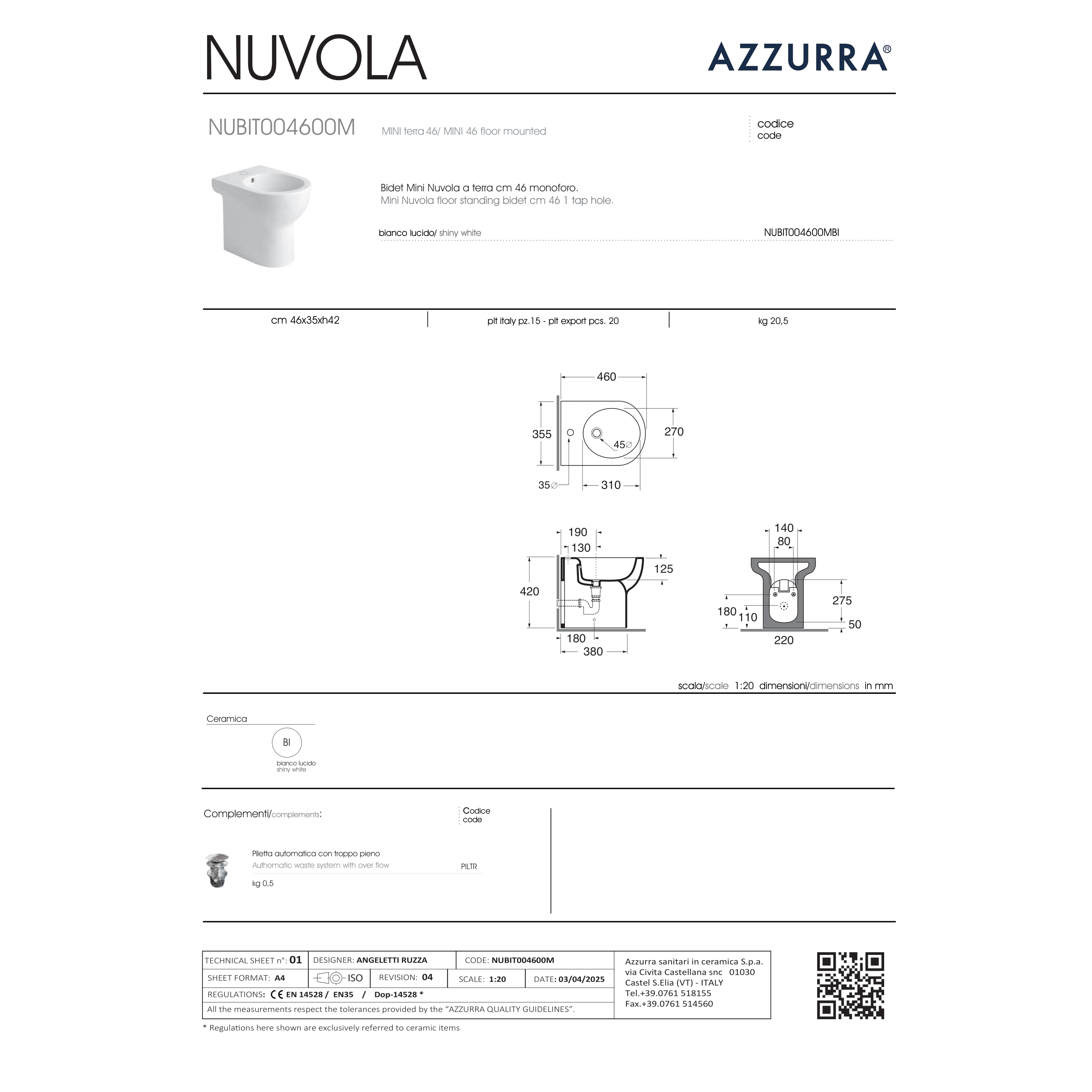 Coppia Di Sanitari a Terra Azzurra Ceramica "Mini Nuvola" Bianco Lucido