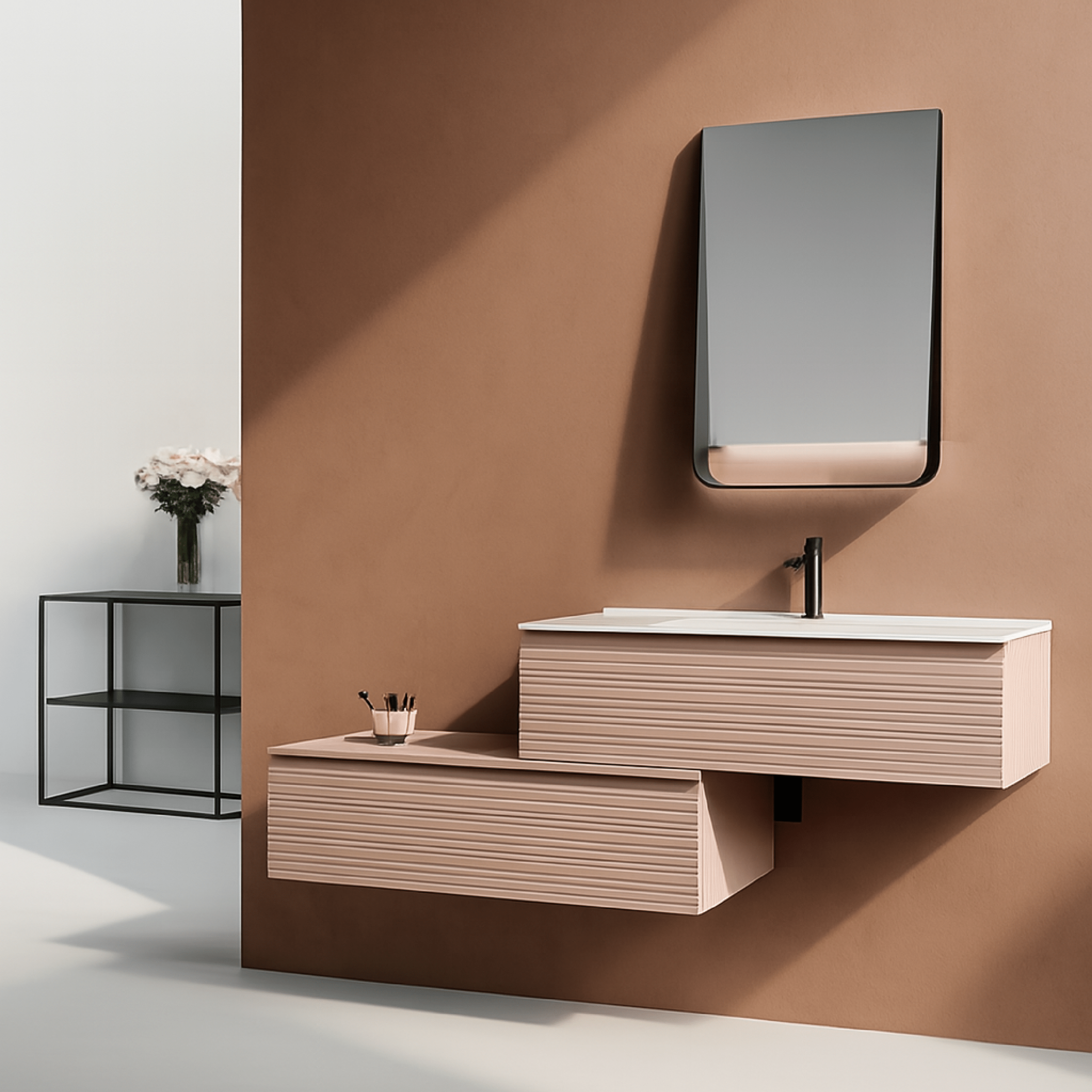 Mobile Bagno Sospeso Sfalsato 100 Cm Due Cassetti Specchio Con Mensola e Lampada Led 50x80 ItalBagno "Diamante 111"