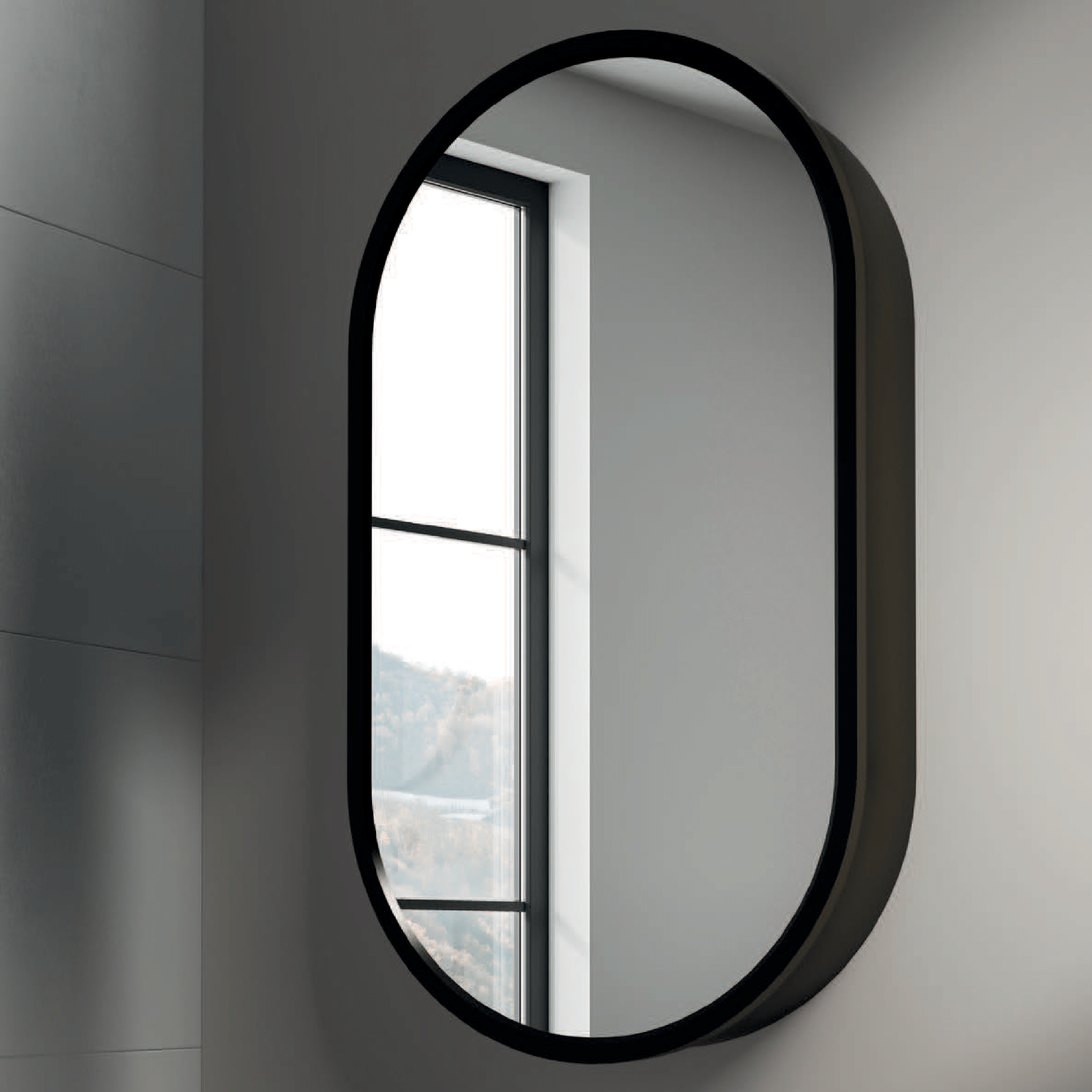 Specchio Ovale Contenitivo 45x80 Reversibile Con Apertura a 90° "Ecolux" Nero