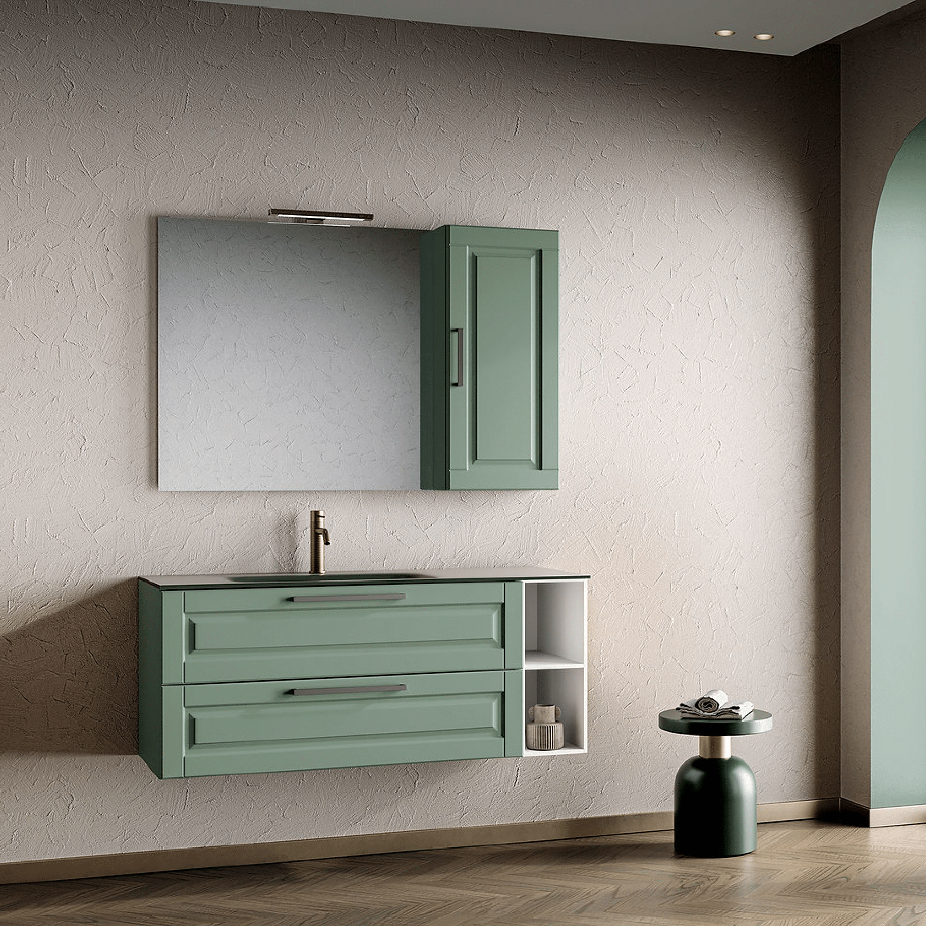 Mobile Bagno Sospeso 120 Cm Due Cassetti Con Vano a Giorno Specchio Con Lampada Led e Pensile 80x78 Cm ItalBagno "Quadra 141"
