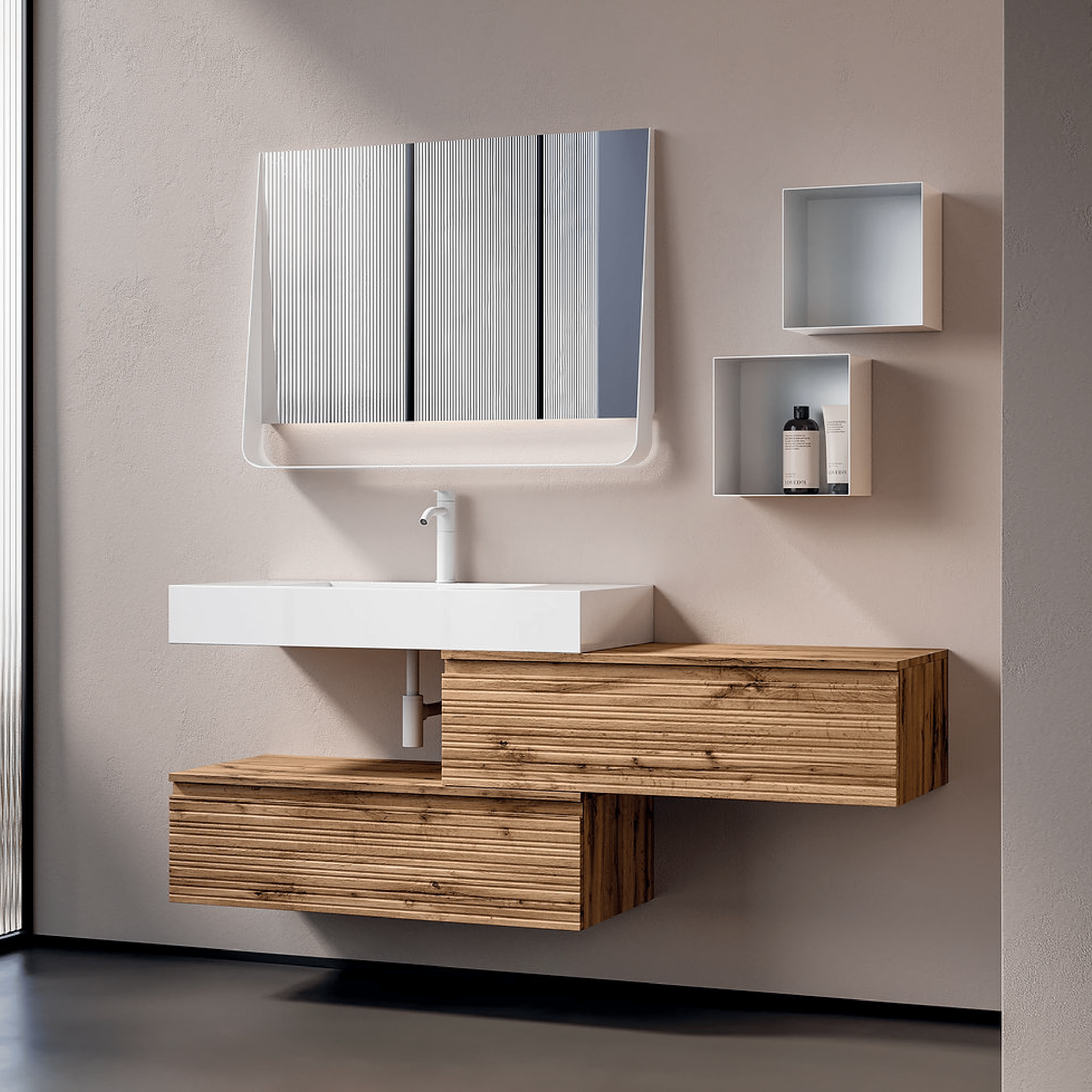 Mobile Bagno Sospeso Sfalsato 100 Cm Due Cassetti Specchio Con Mensola e Lampada Led 90x70 Cm ItalBagno "Diamante 113"