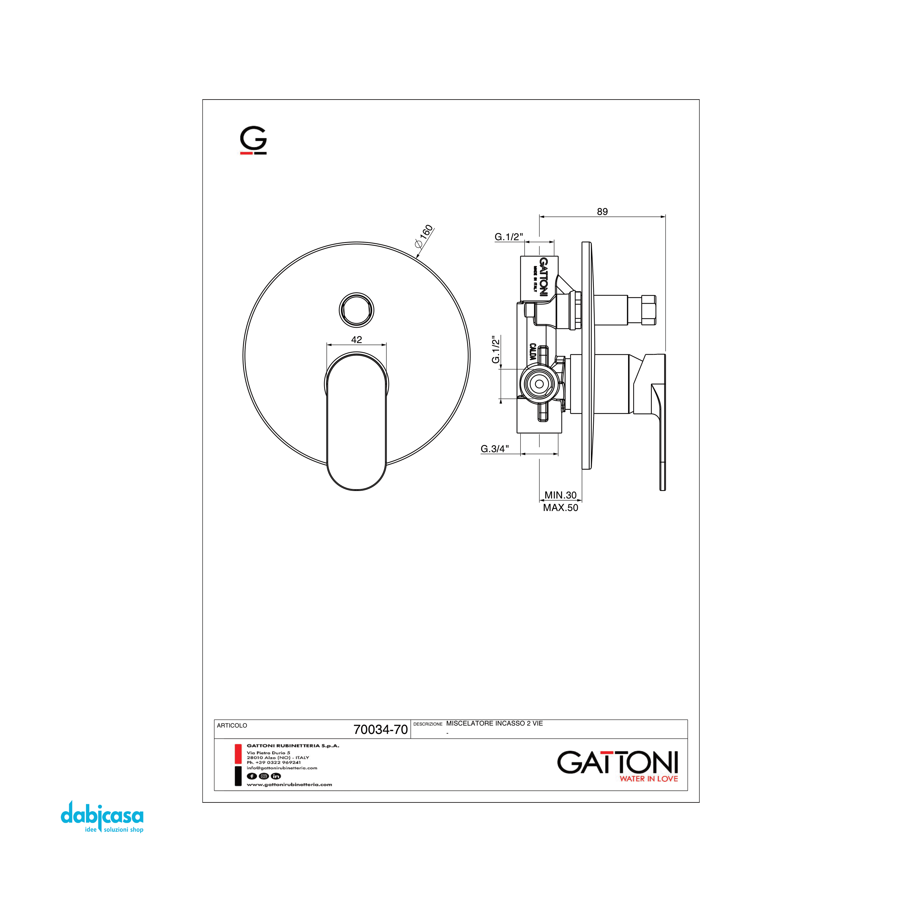 Gattoni Rubinetteria "H2OMIX 7000" Miscelatore Doccia C/Deviatore A Due Uscite Completo Di Parte Da Incasso Finitura Cromo Lucido