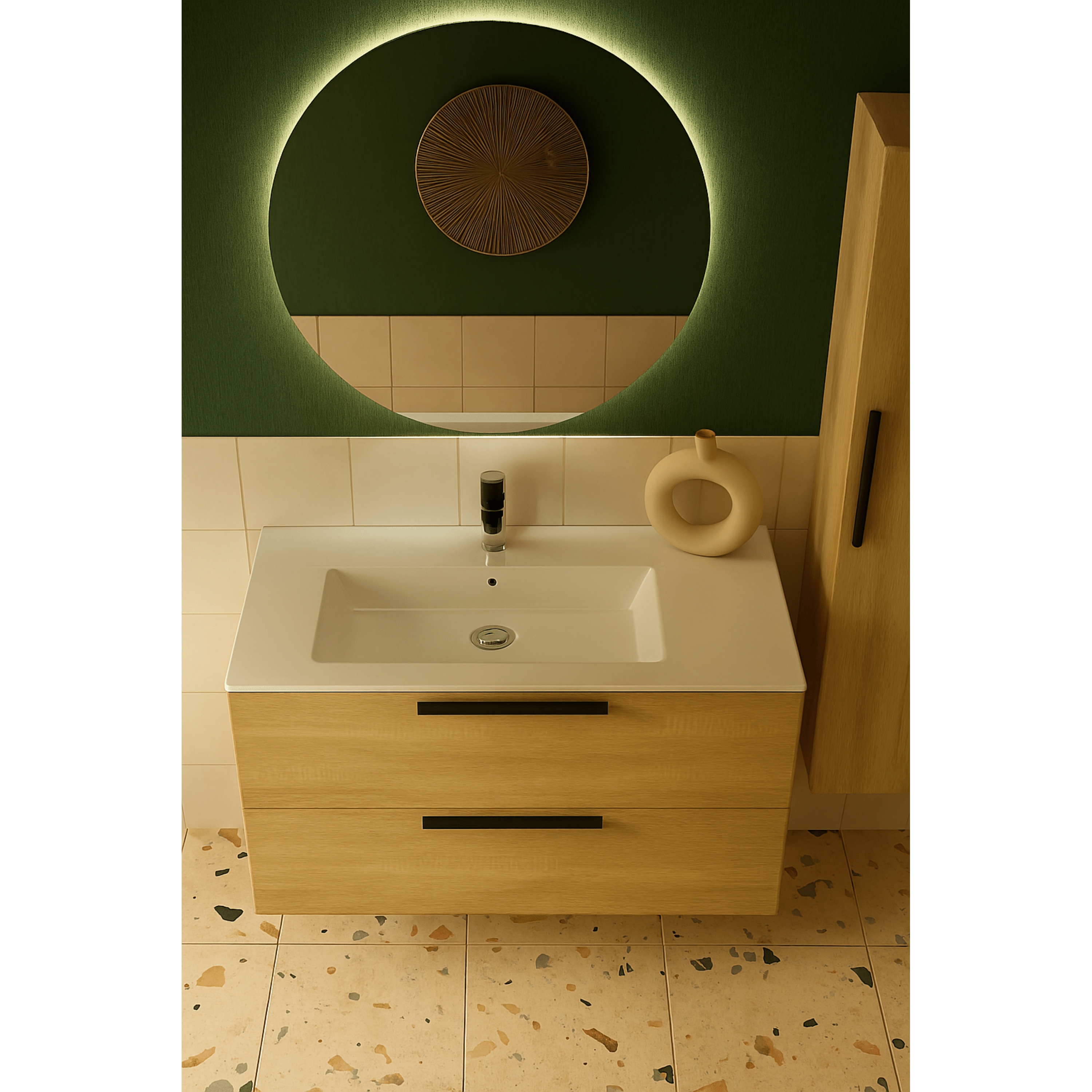 Mobile Bagno Sospeso Due Cassetti Specchio Retroilluminato Tondo 80 Cm Esseci Arredo Bagno "Simona"