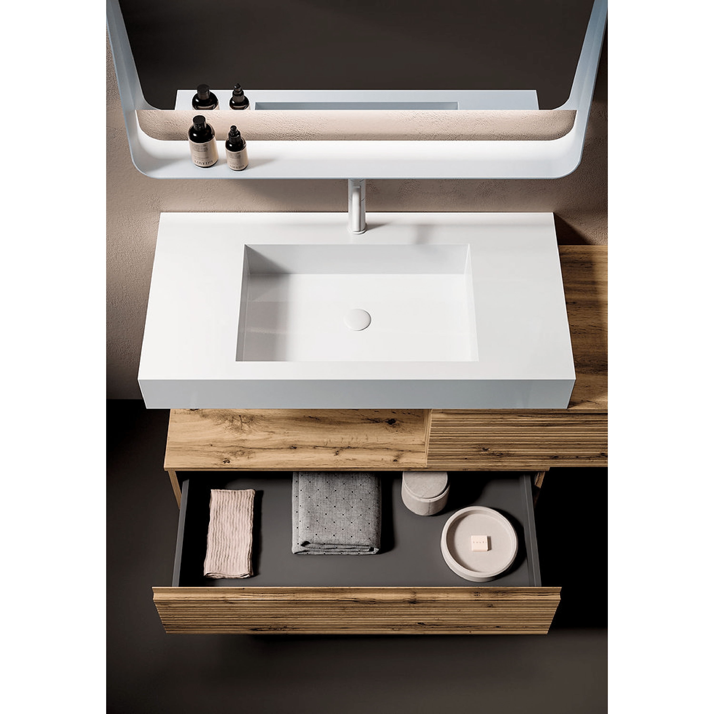 Mobile Bagno Sospeso Sfalsato 100 Cm Due Cassetti Specchio Con Mensola e Lampada Led 90x70 Cm ItalBagno "Diamante 113"