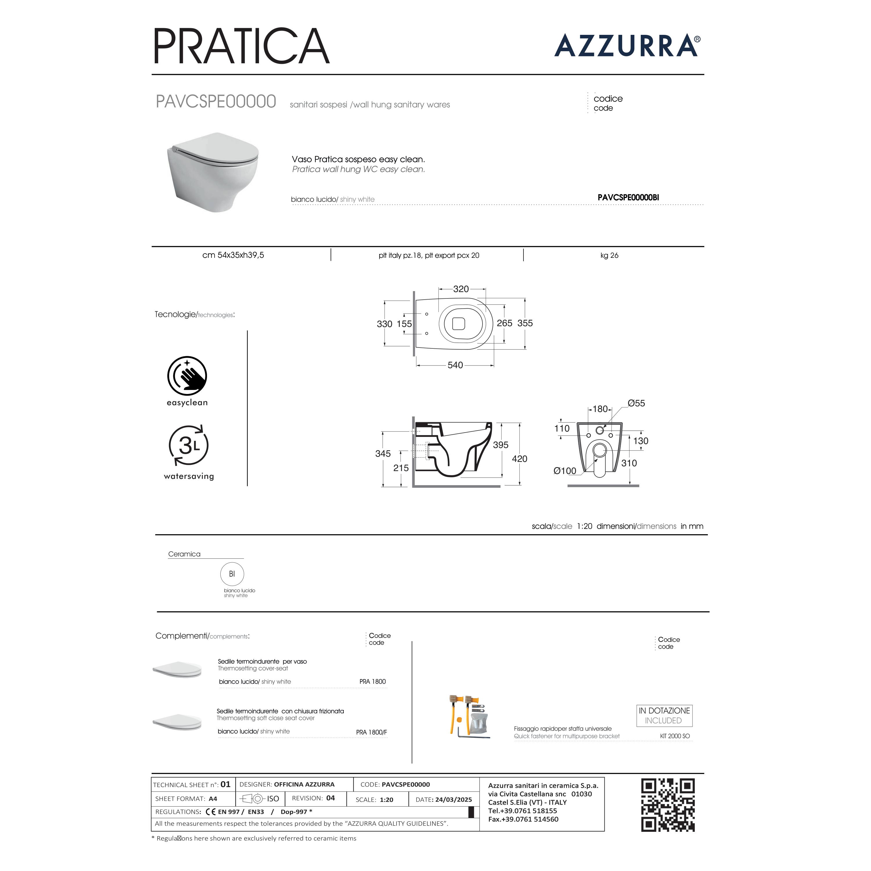 Wc Sospeso Azzurra Ceramica "Pratica" Bianco Lucido
