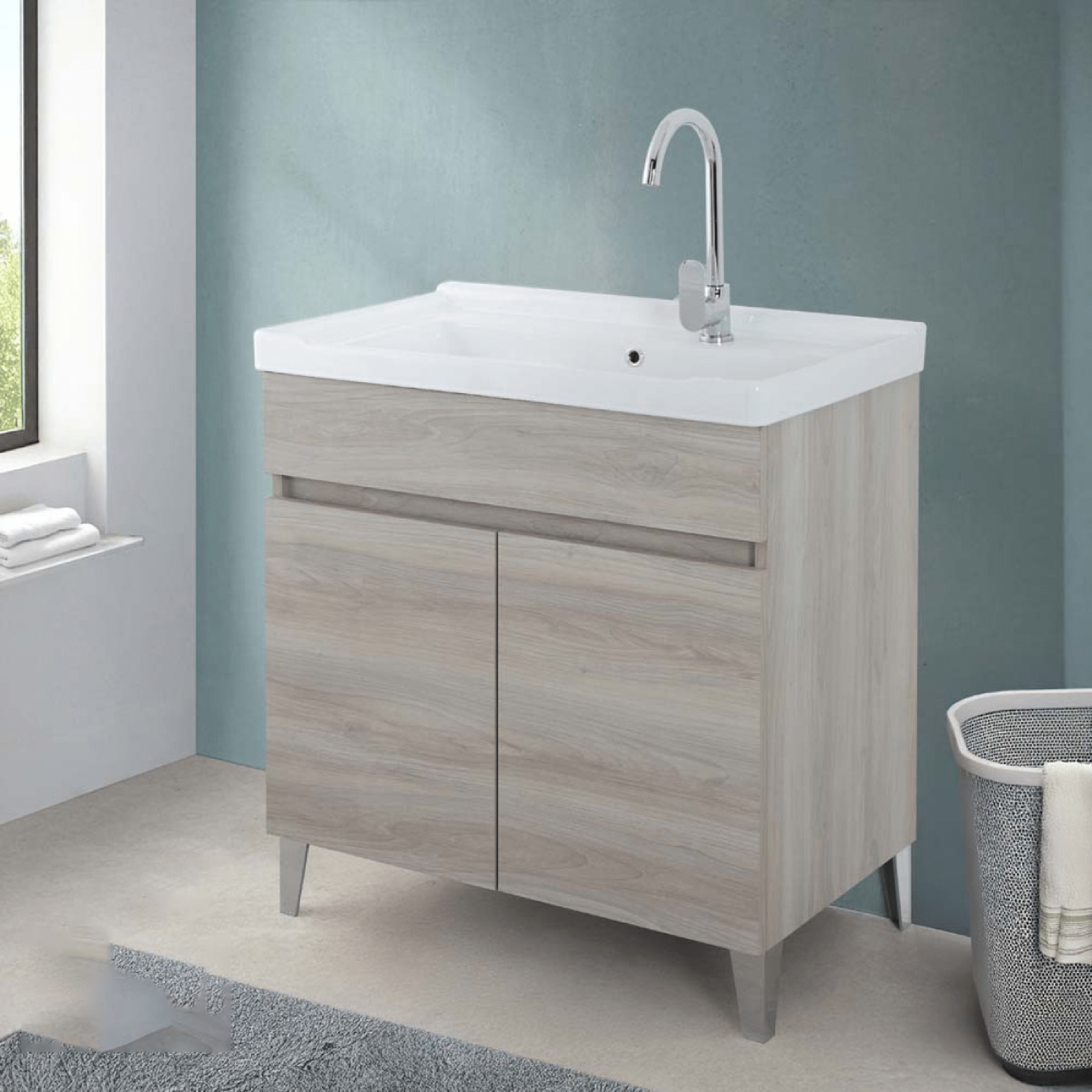 Lavatoio a Terra 80x46,8 Due Ante Con Vasca Feridras "Alba" Rovere Grigio