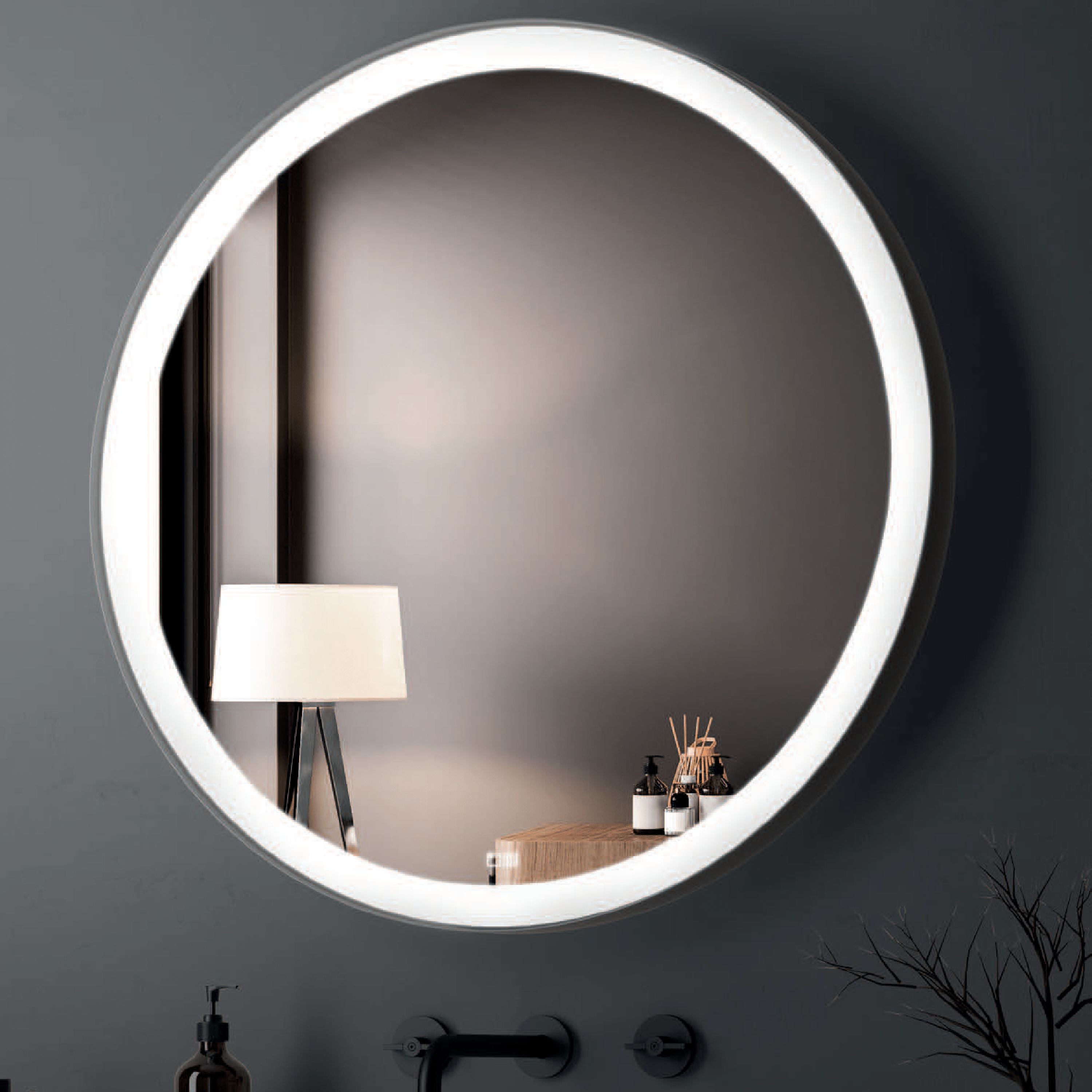 Specchio Tondo Diametro 90 Illuminazione Frontale Con Touch Accensione e Tasto Antifog "Ecolux" Nero Opaco