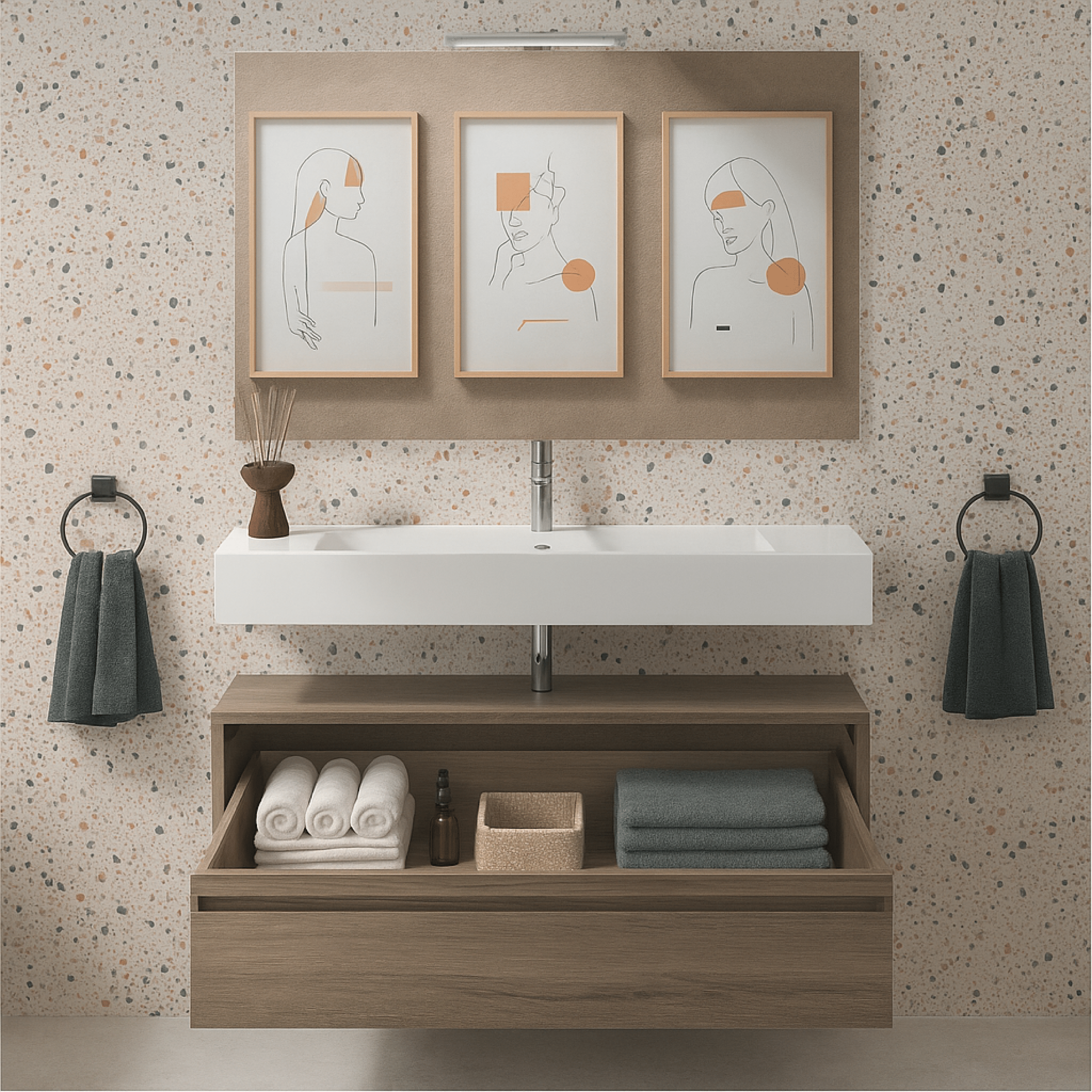 Mobile Bagno Sospeso 120 Cm Un Cassetto Specchio Con Lampada Led 100x70 Cm Esseci Arredo Bagno "Alba"