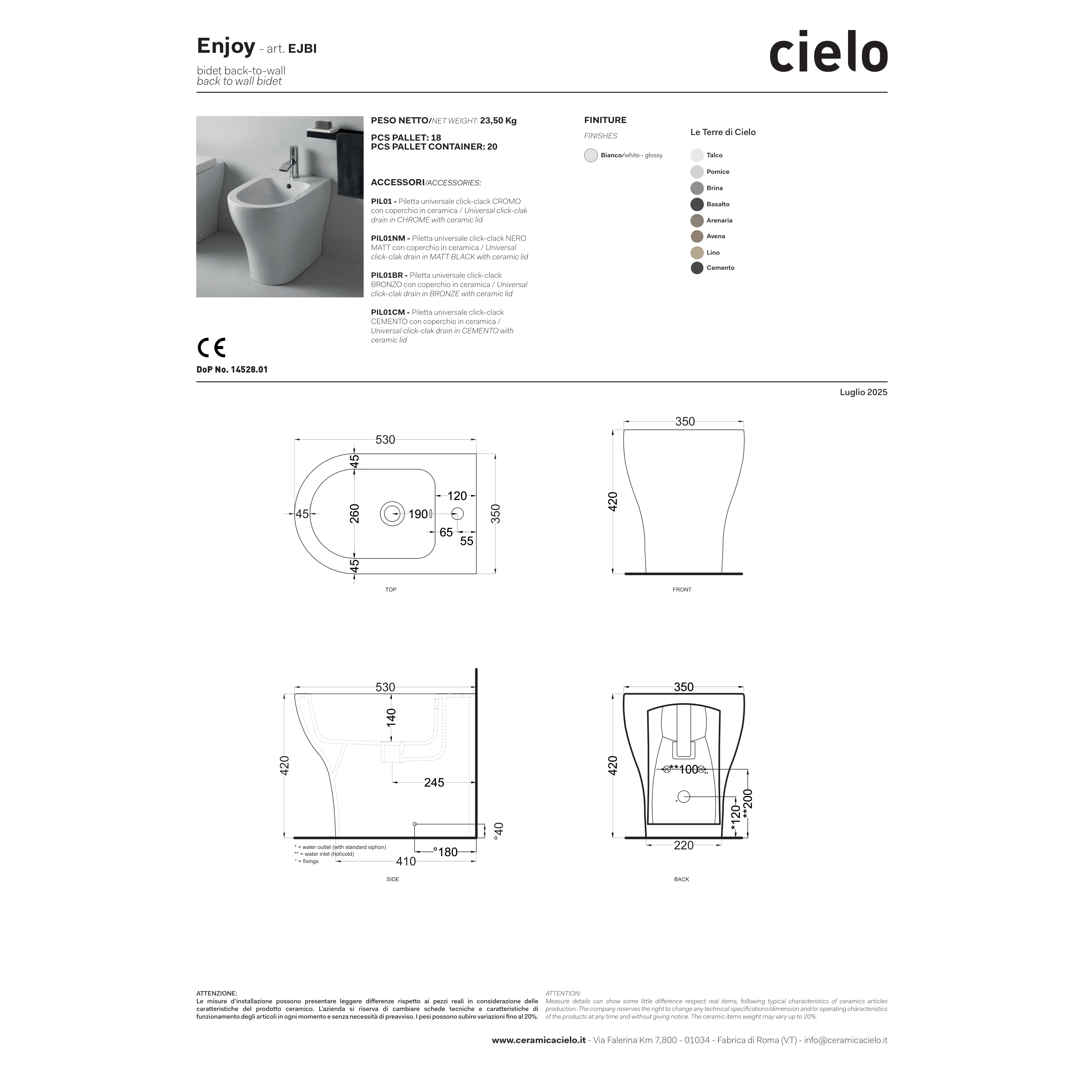 Bidet a Terra Ceramica Cielo "Enjoy 53" Bianco Lucido