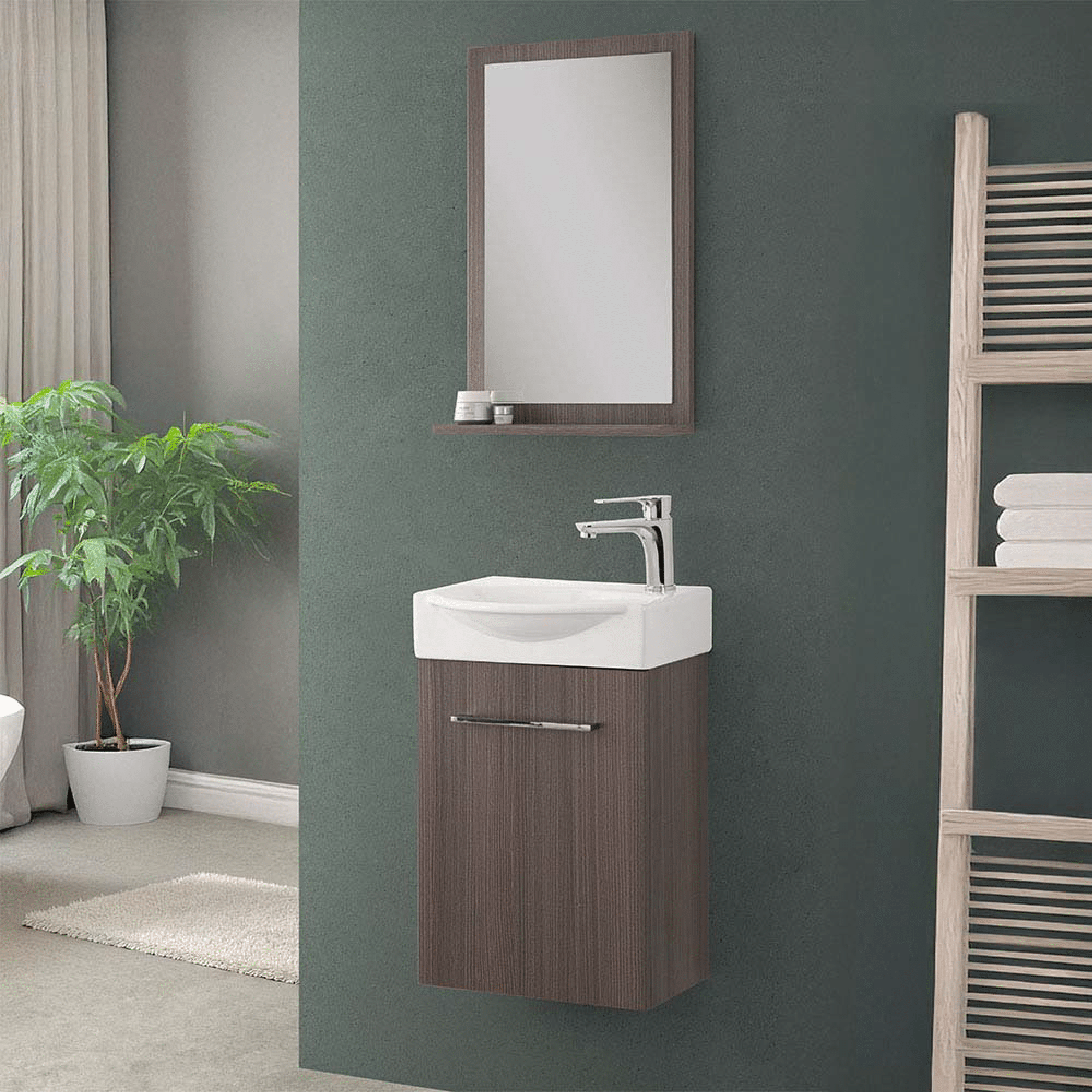Mobile Bagno Sospeso 39 Cm Un'Anta Specchio Su Pannello Con Mensola 39x60 Cm Feridras "Elys" Rovere Scuro