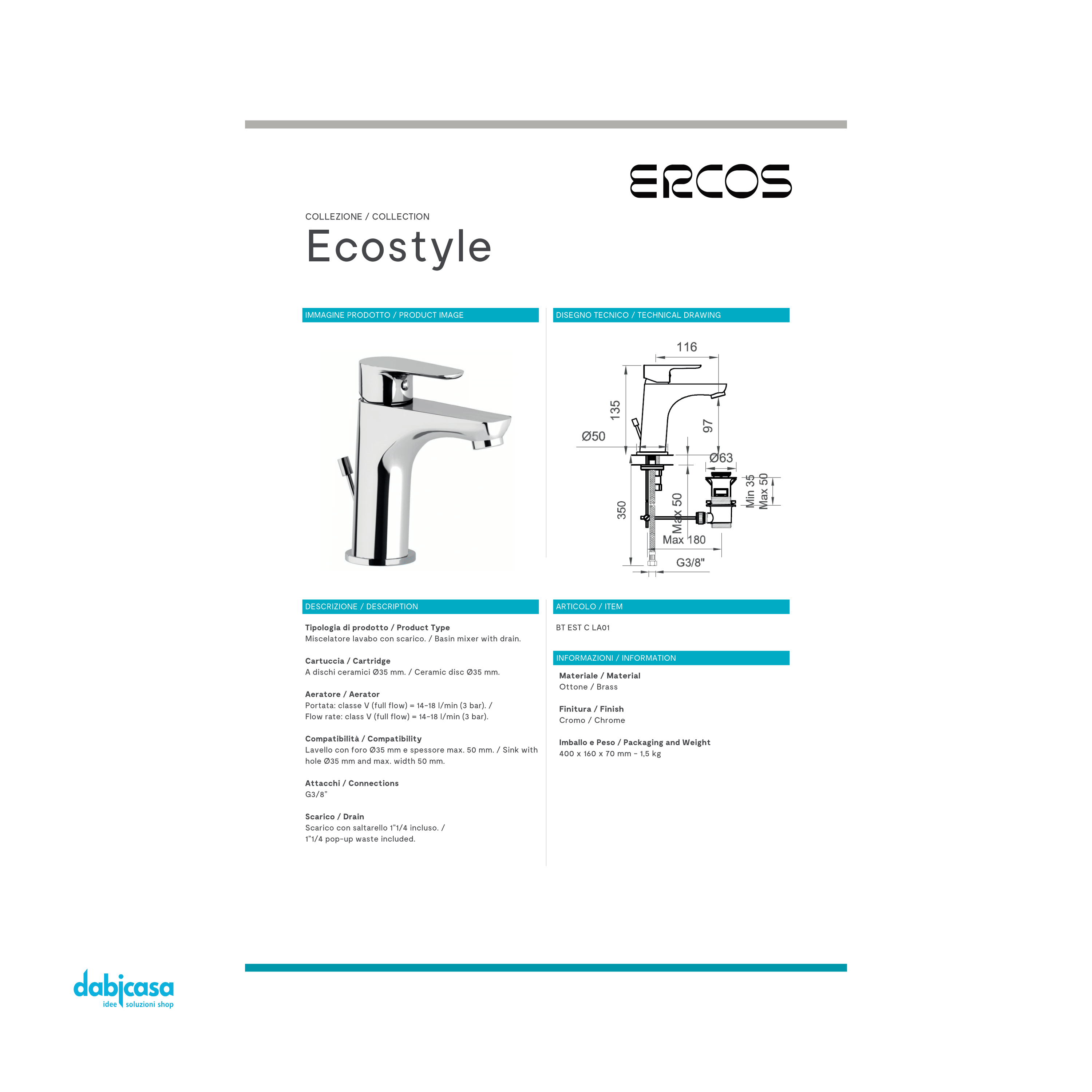 Ponsi "Ecostyle" Miscelatore Lavabo Con Scarico Automatico