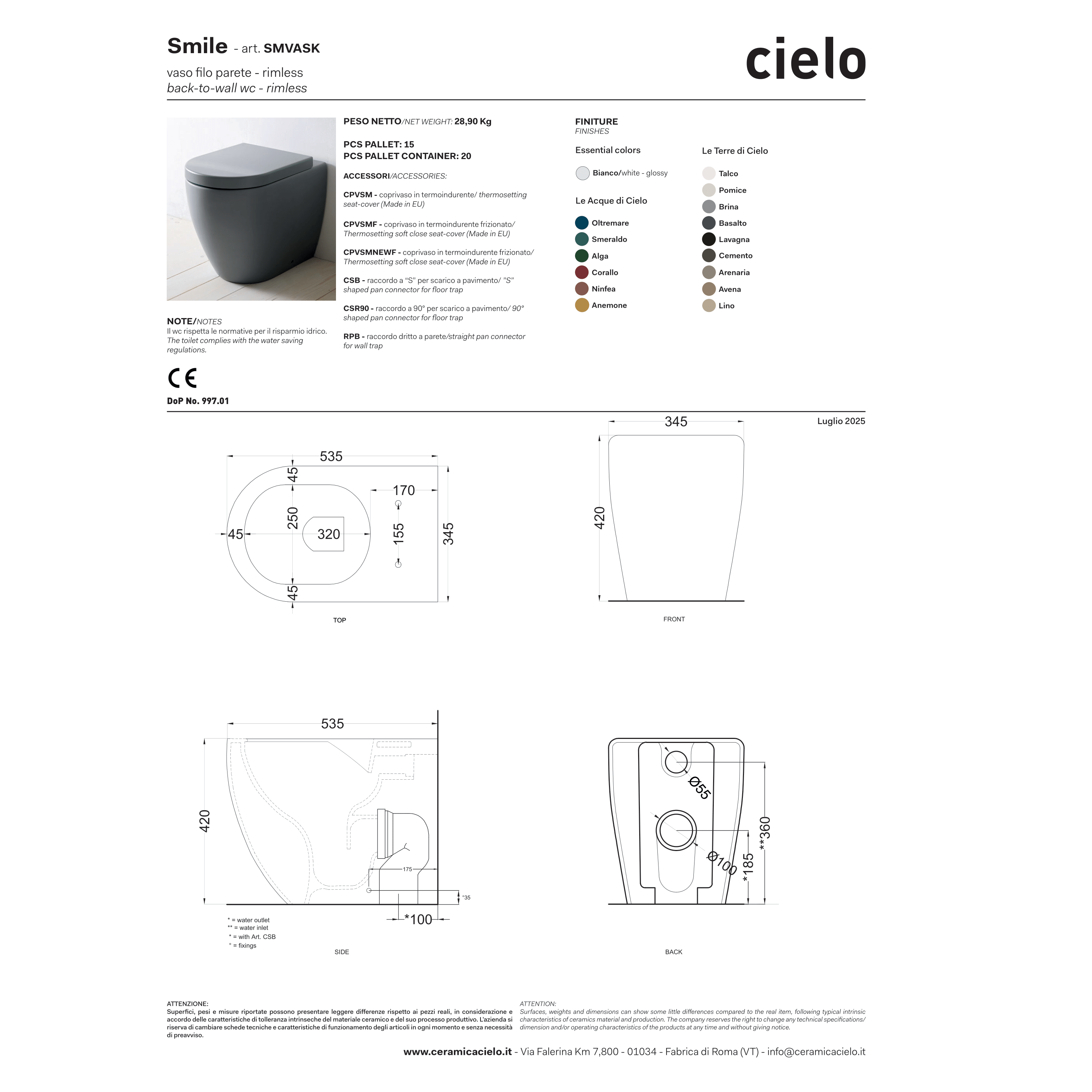 Wc a Terra Senza Brida Ceramica Cielo "Smile 53" Bianco Lucido