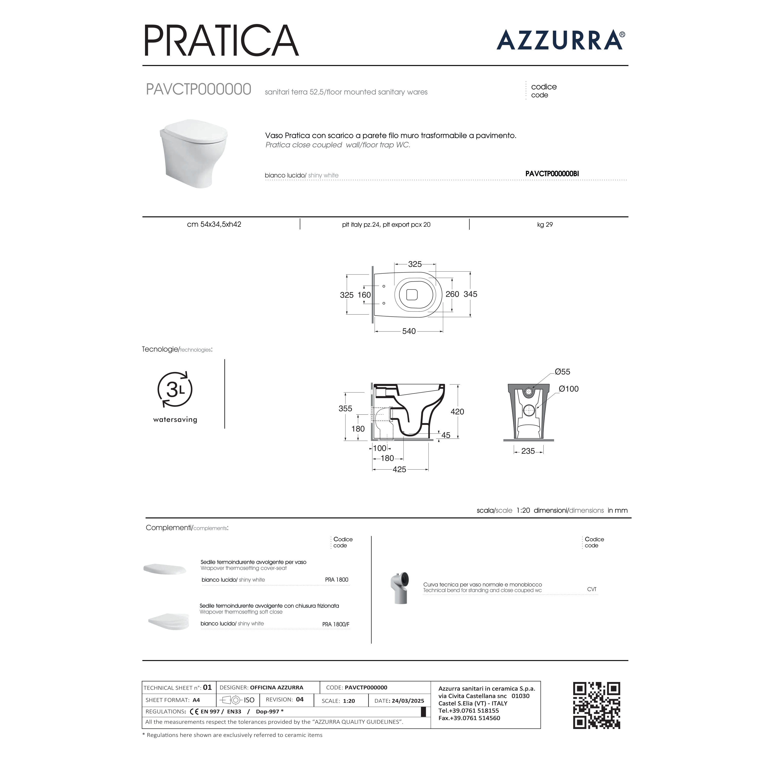 Wc a Terra Azzurra Ceramica "Pratica" Bianco Lucido