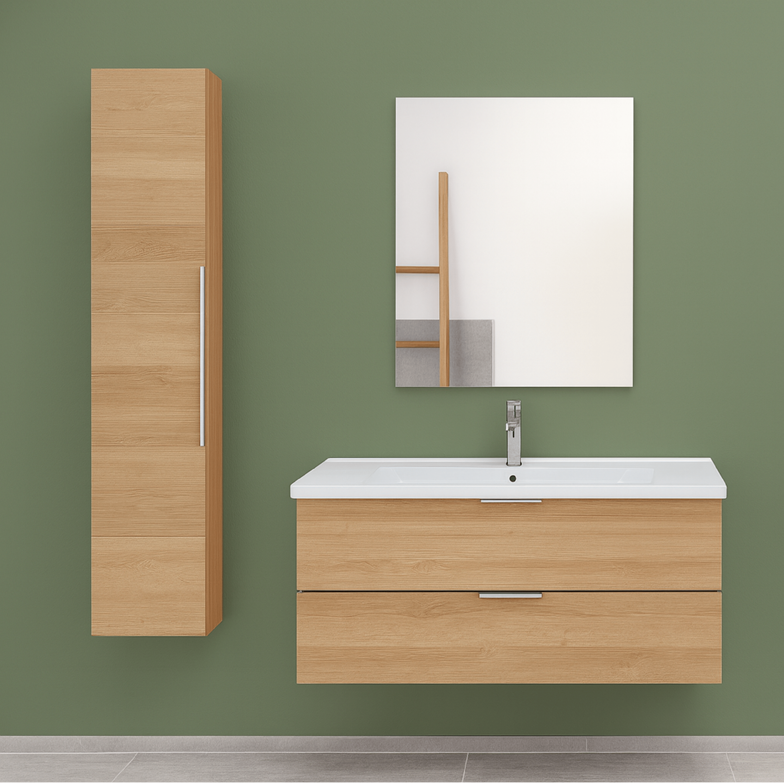 Mobile Bagno Sospeso 100 Cm Due Cassetti Specchio a Filo 60x100 Cm Feridras "Rialto" Rovere