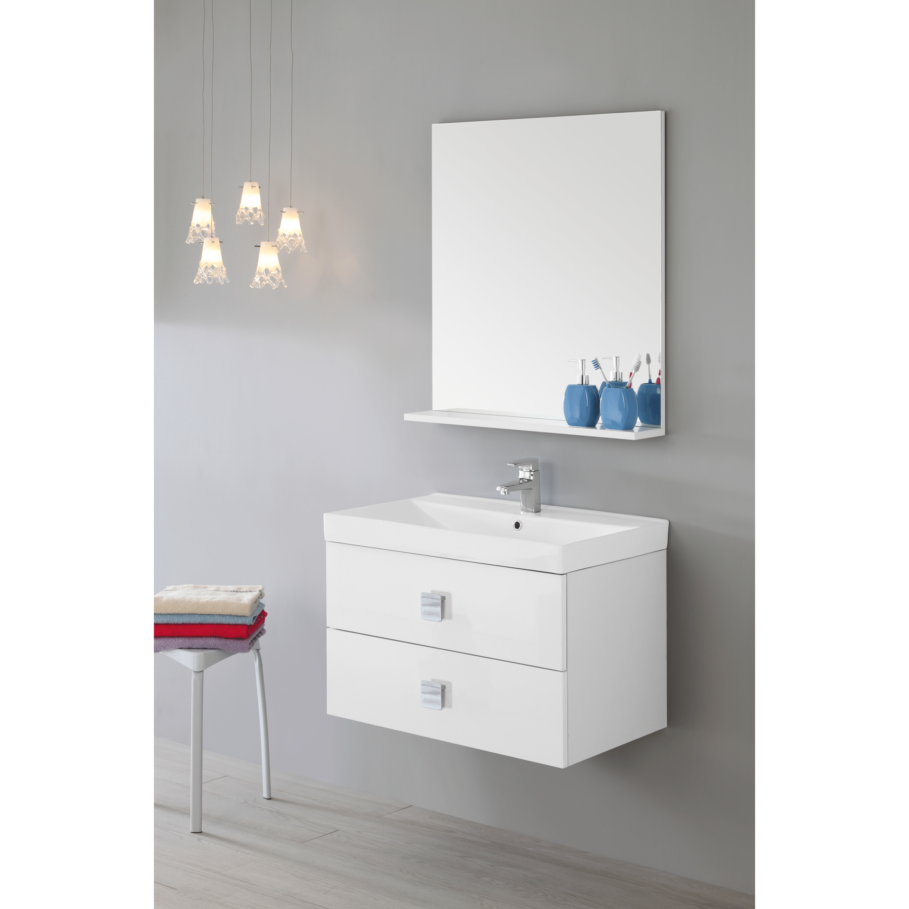 Mobile Bagno Sospeso 75 Cm Due Cassetti Specchio Con Mensola Feridras "Bravo" Bianco Lucido/Bianco Laccato