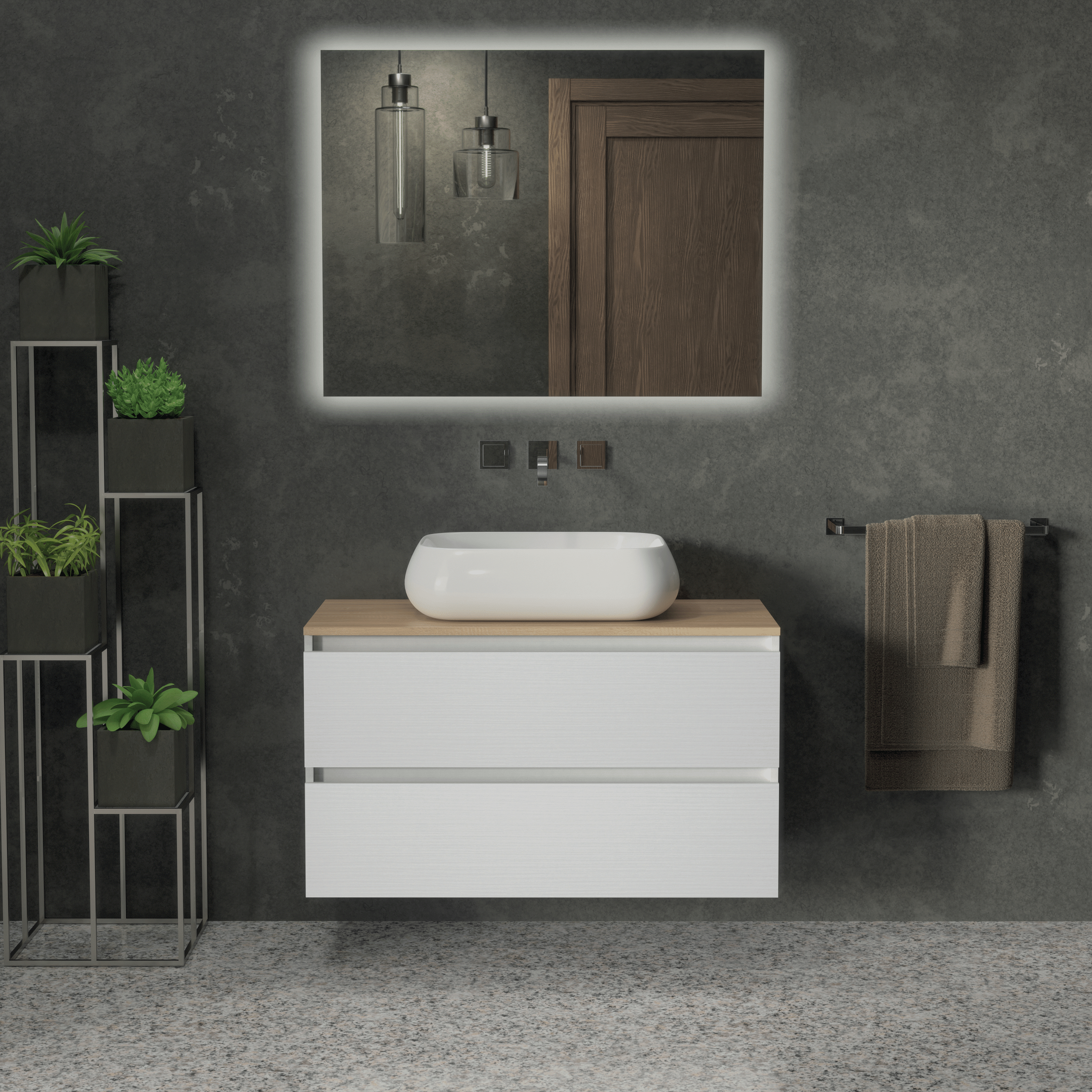 Mobile Bagno Sospeso Due Cassetti Specchio Retroilluminato 90x70 Cm Esseci Arredo Bagno "Sofia"