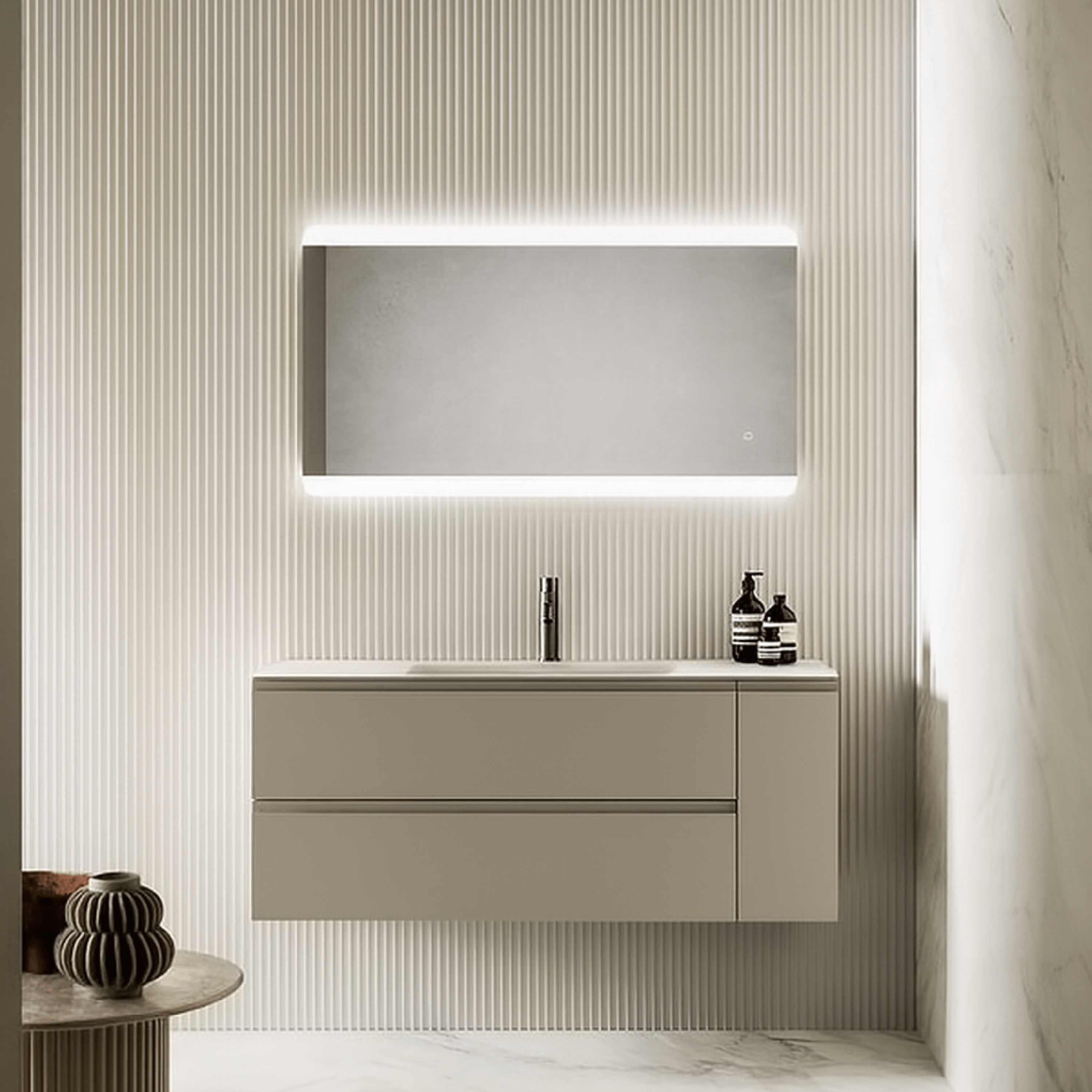 Mobile Bagno Sospeso 120 Cm Cassetti Con Anta Specchio Con Led Frontale 110x60 Cm ItalBagno "Kompos 128"