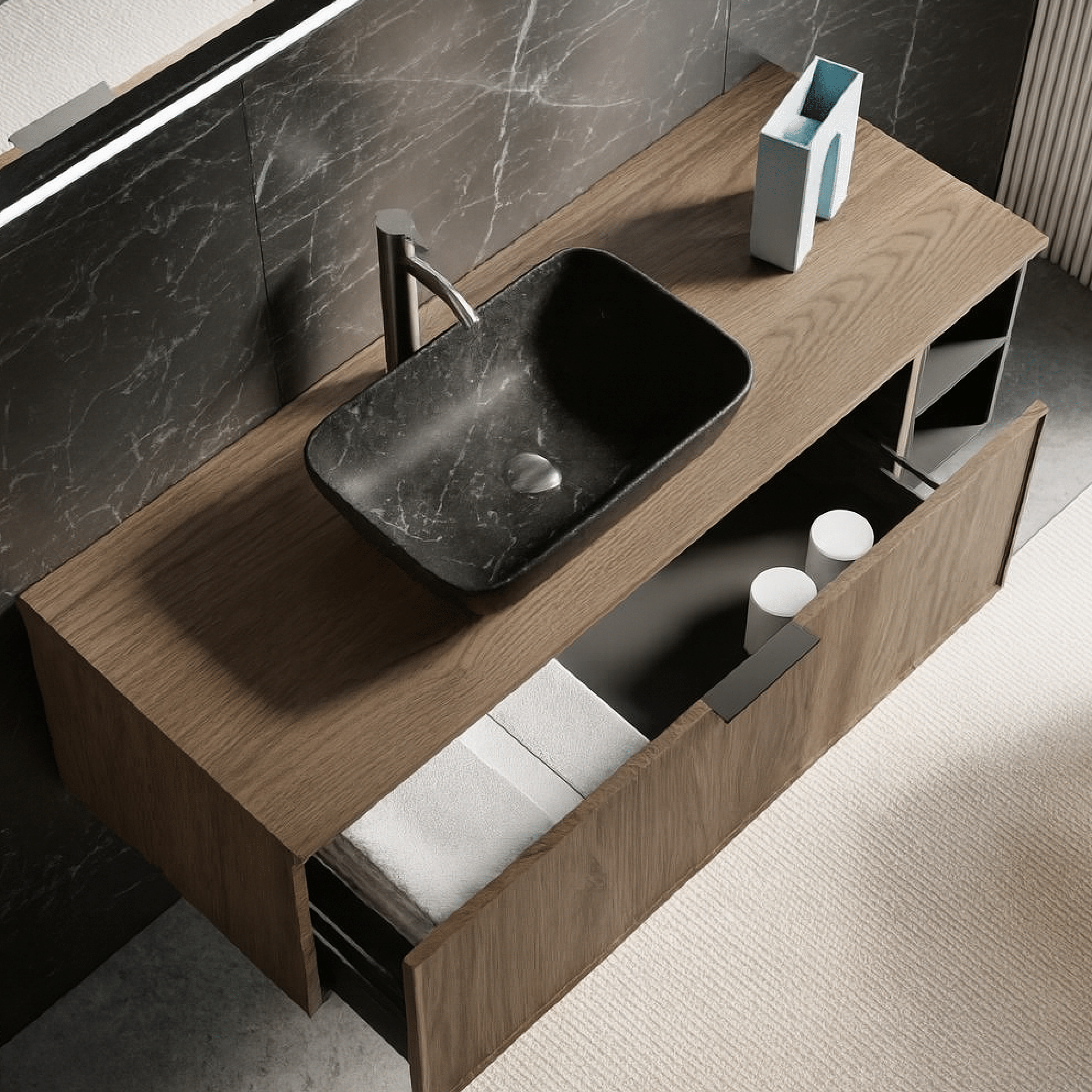 Mobile Bagno Sospeso 120 Cm Un Cassetto Con Vano a Giorno Specchio Con Led Frontale 70x120 Cm ItalBagno "Venus VE58"