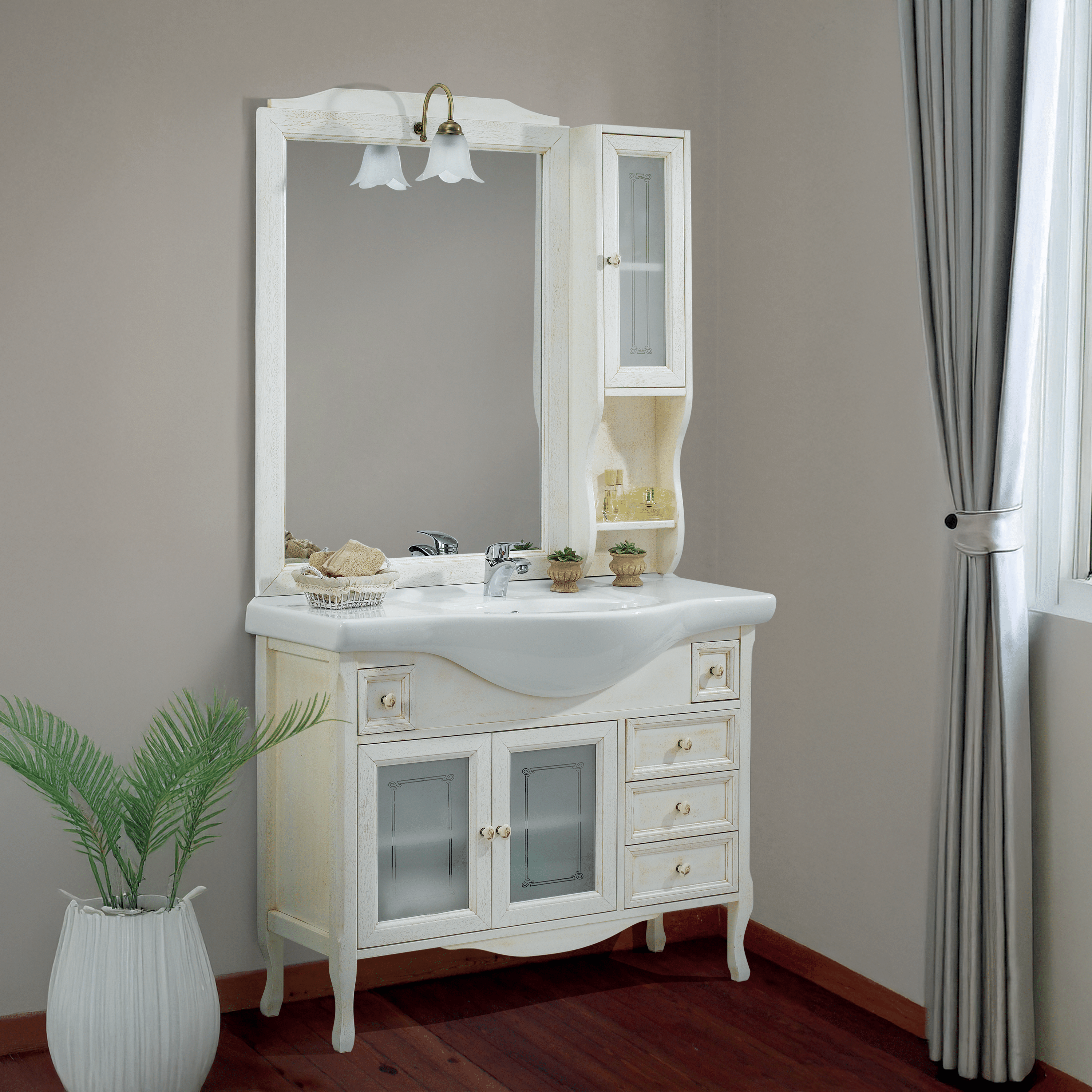 Mobile Bagno a Terra 105 Cm Due Ante Tre Cassettini Specchio Con Lampada Led 75x100 Cm Esseci Arredo Bagno "Daiana"