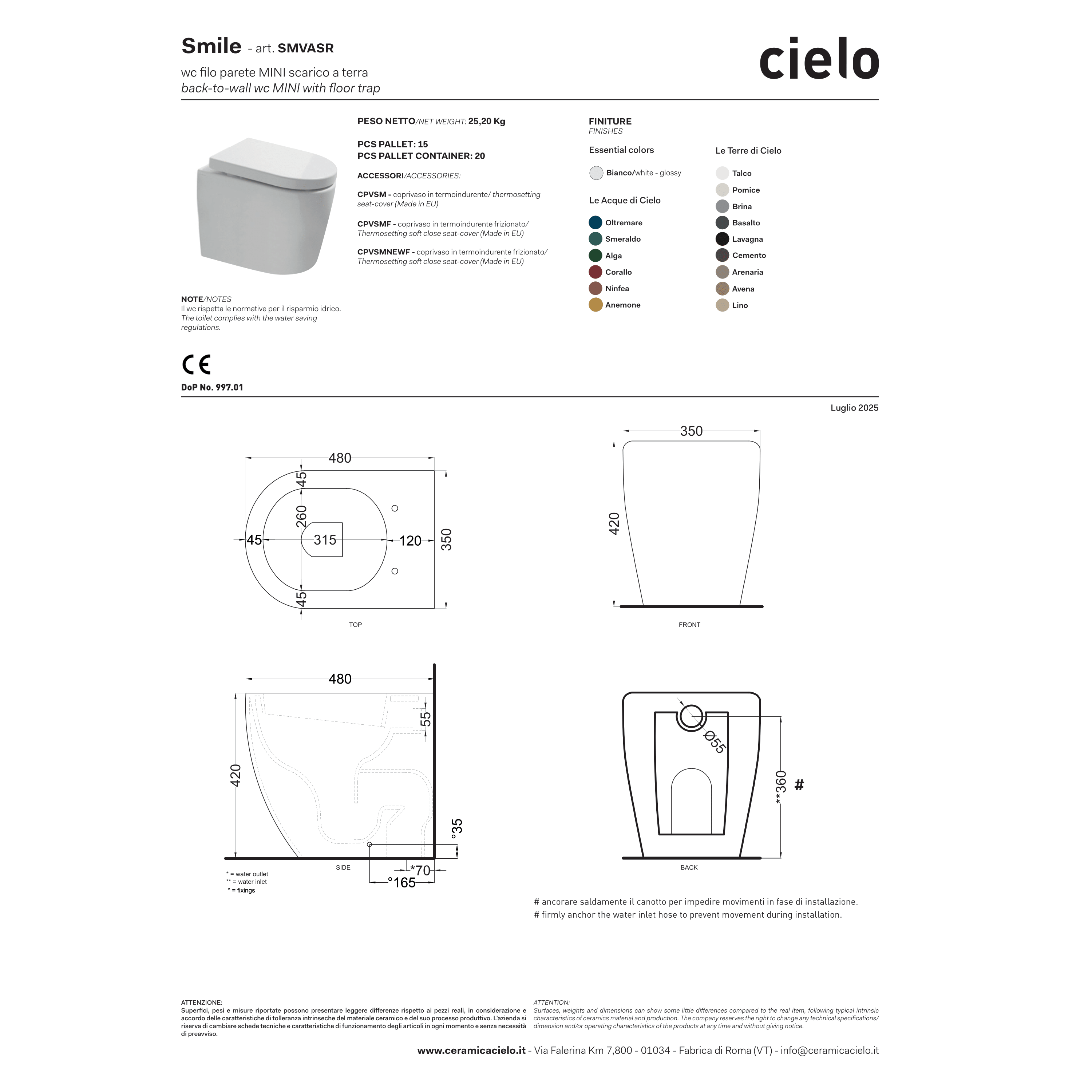 Wc a Terra Ceramica Cielo "Mini-Smile 48" Bianco Lucido