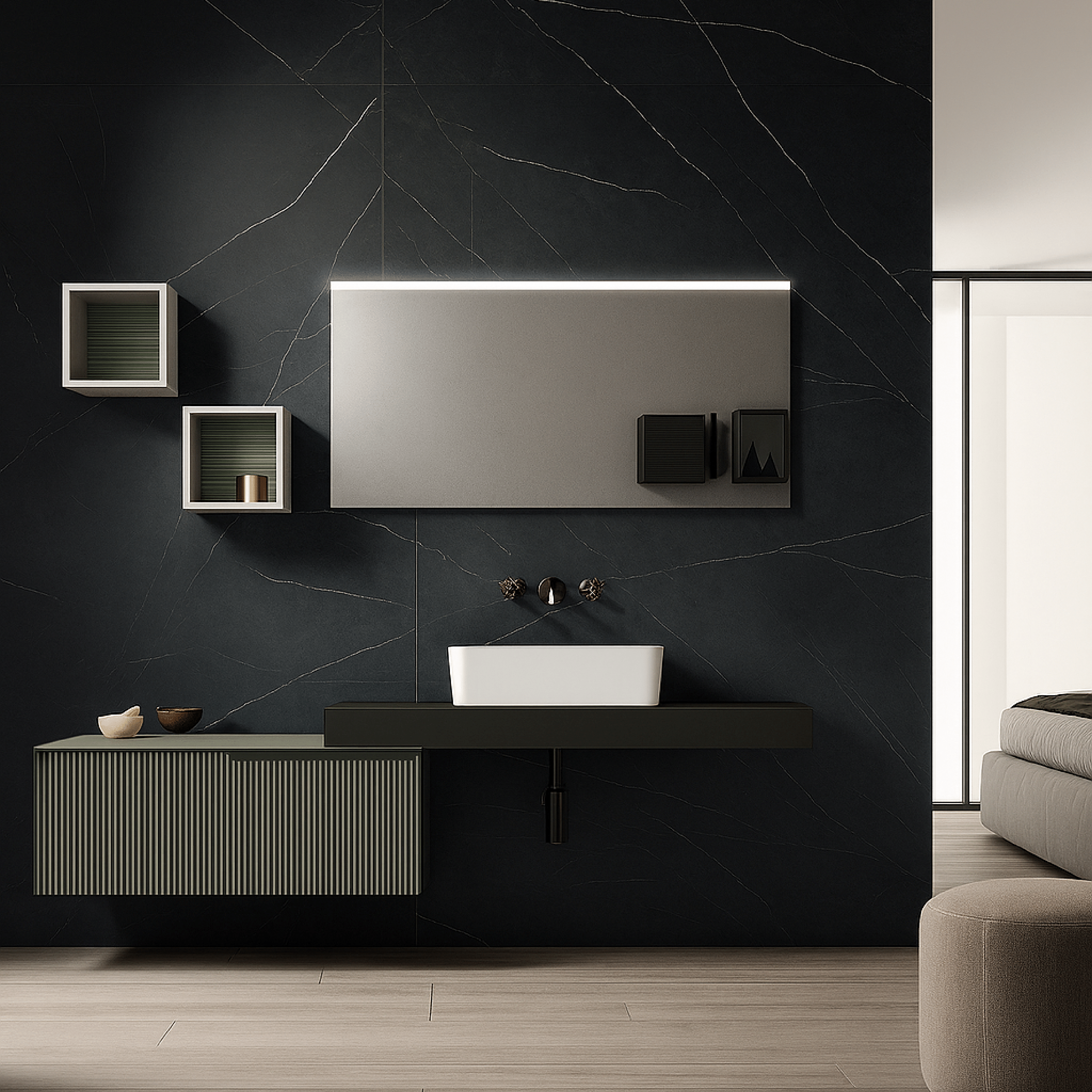 Mobile Bagno Sospeso Cannettato 80 Cm Un Cassetto Top 120 Cm Specchio Con Lampada Led Frontale 120x60 Cm ItalBagno "Victor"