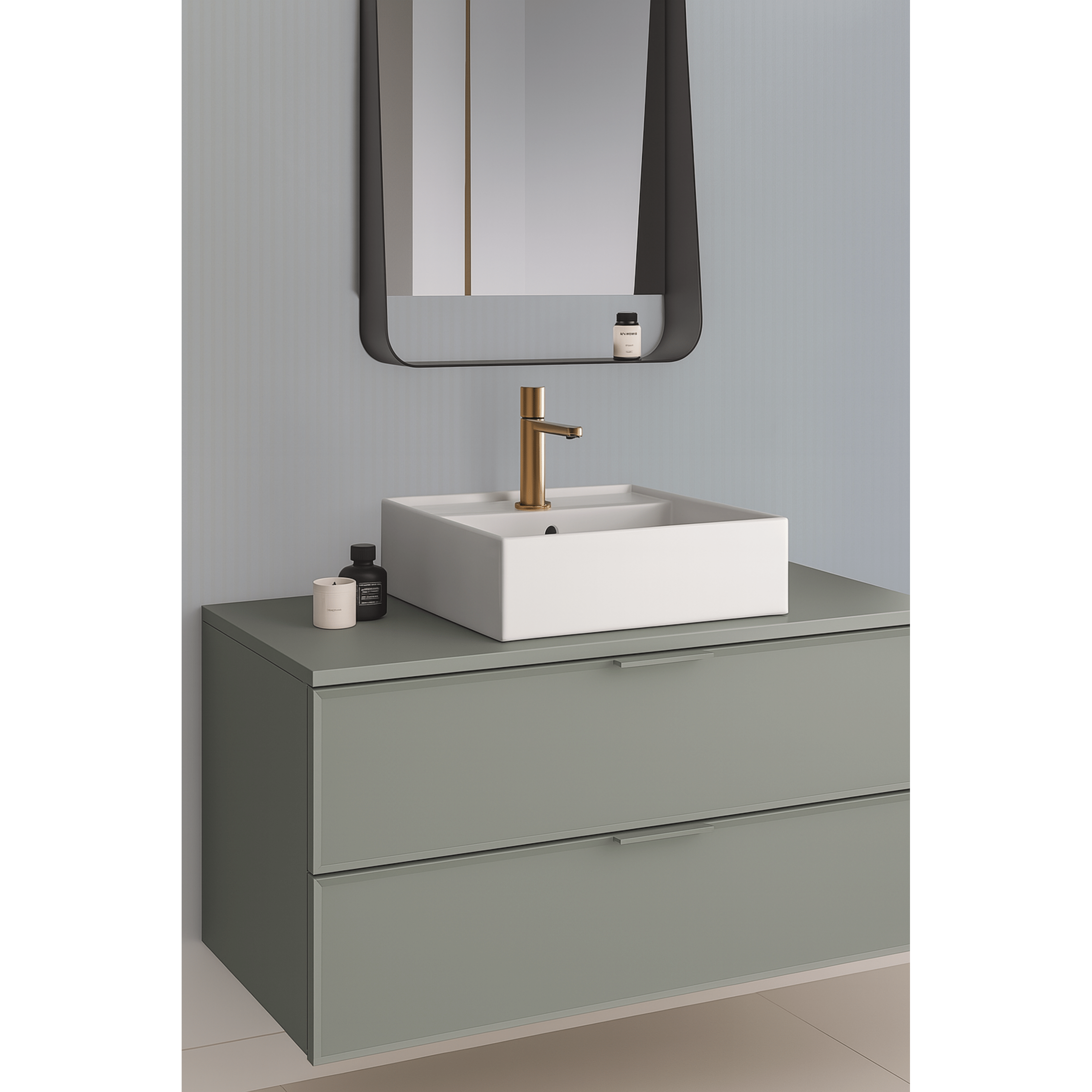 Mobile Bagno Sospeso 90 Cm Due Cassetti Specchio Con Mensola e Lampada Led 50x80 Cm ItalBagno "Venus 105"