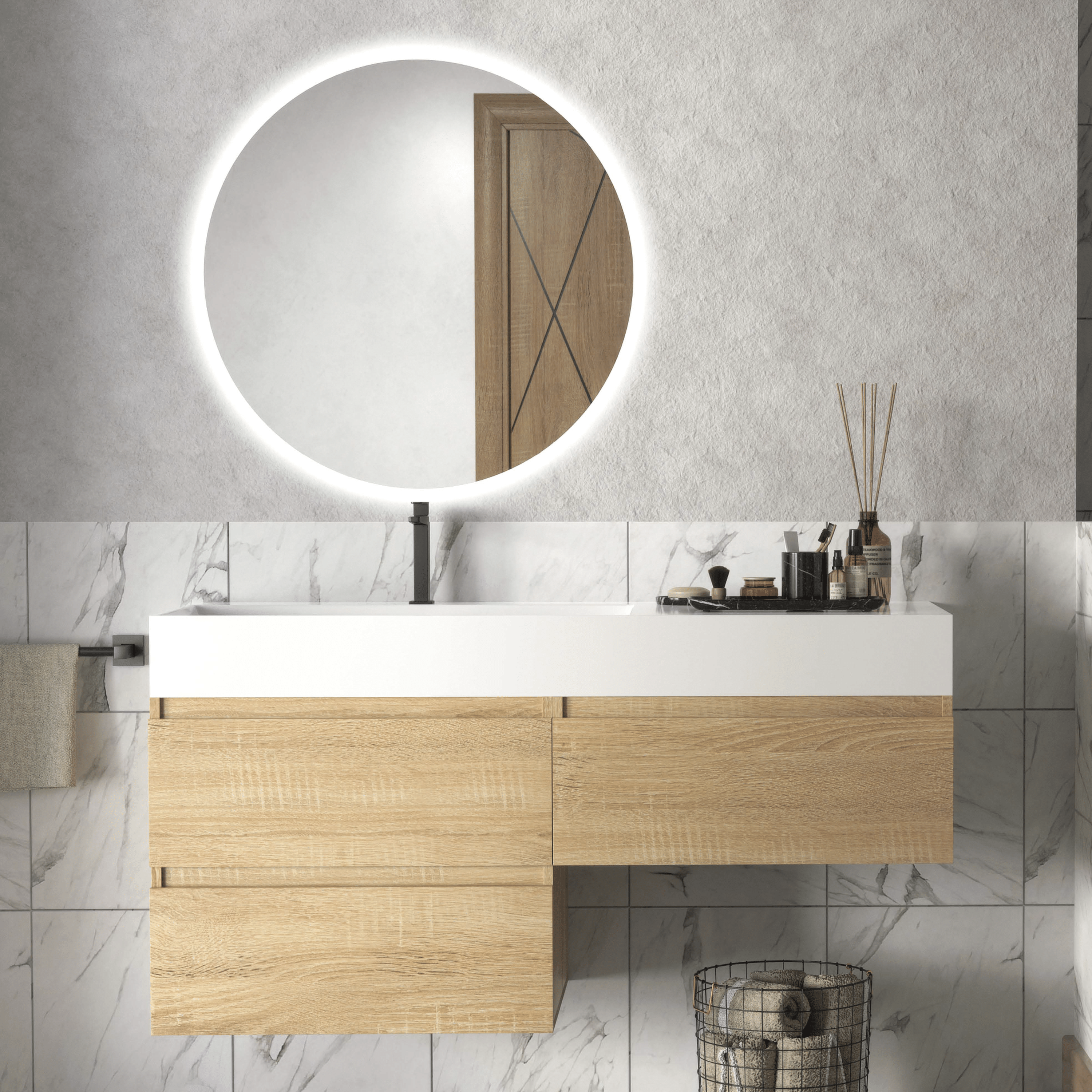 Mobile Bagno Sospeso 120 Cm Tre Cassetti Specchio Retroilluminato Diametro 70 Cm Esseci Arredo Bagno "Carlotta"
