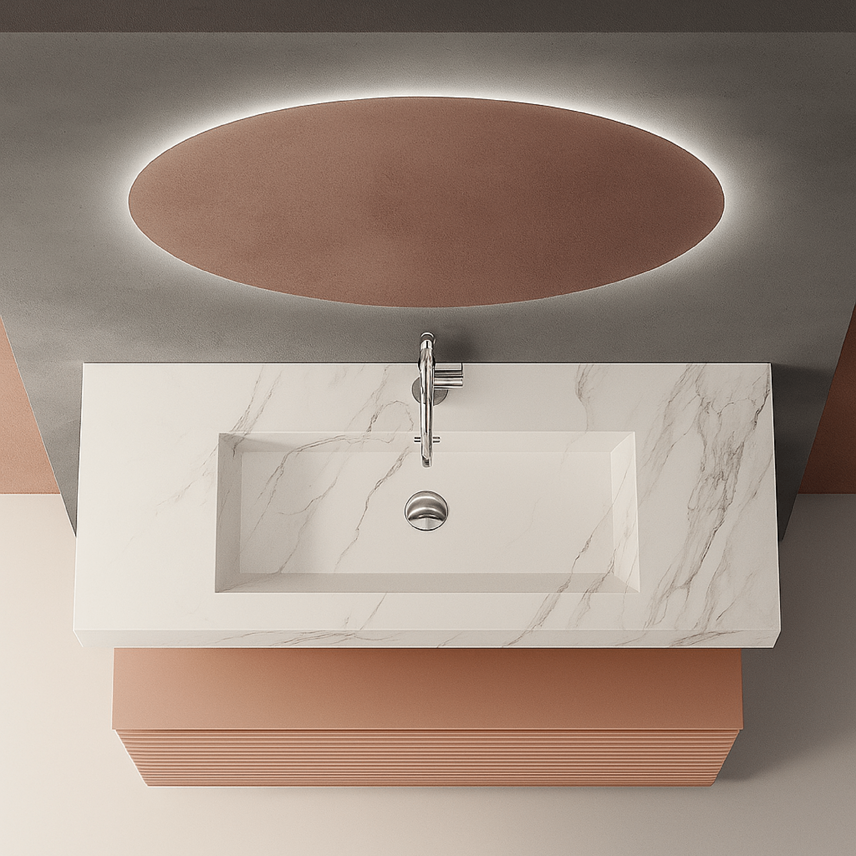 Mobile Bagno Sospeso 120 Cm Top 120 Cm Specchio Retroilluminato Diam.90 ItalBagno "Diamante 112"