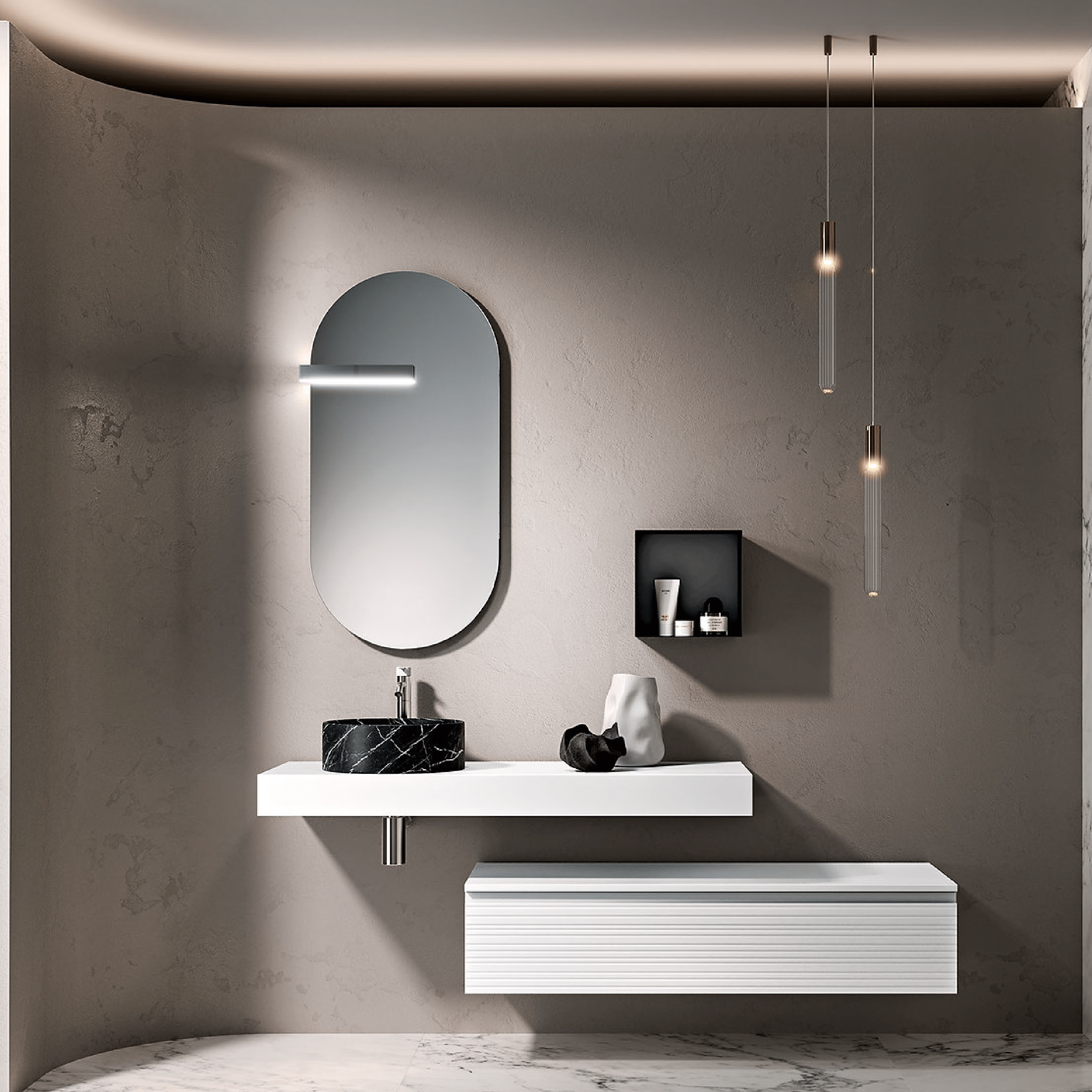 Mobile Bagno Sospeso 120 Cm Un Cassetto Top 120 Cm Specchio Con Lampada Led 50x100 Cm ItalBagno "Diamante 110"