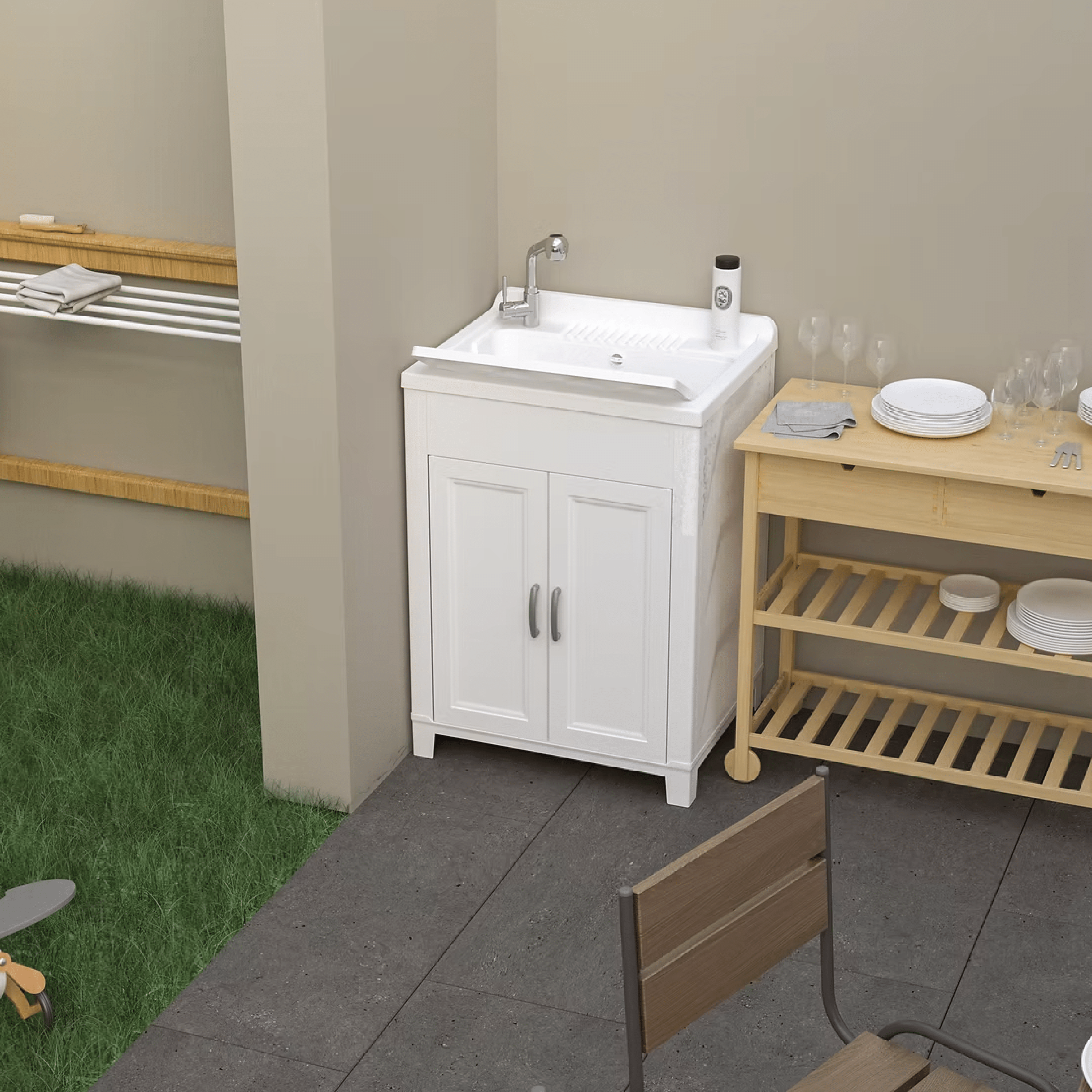 Lavatoio a Terra 60x50 Cm Due Ante Con Vasca Sifone e Tavoletta In PP Mongardi Bianco