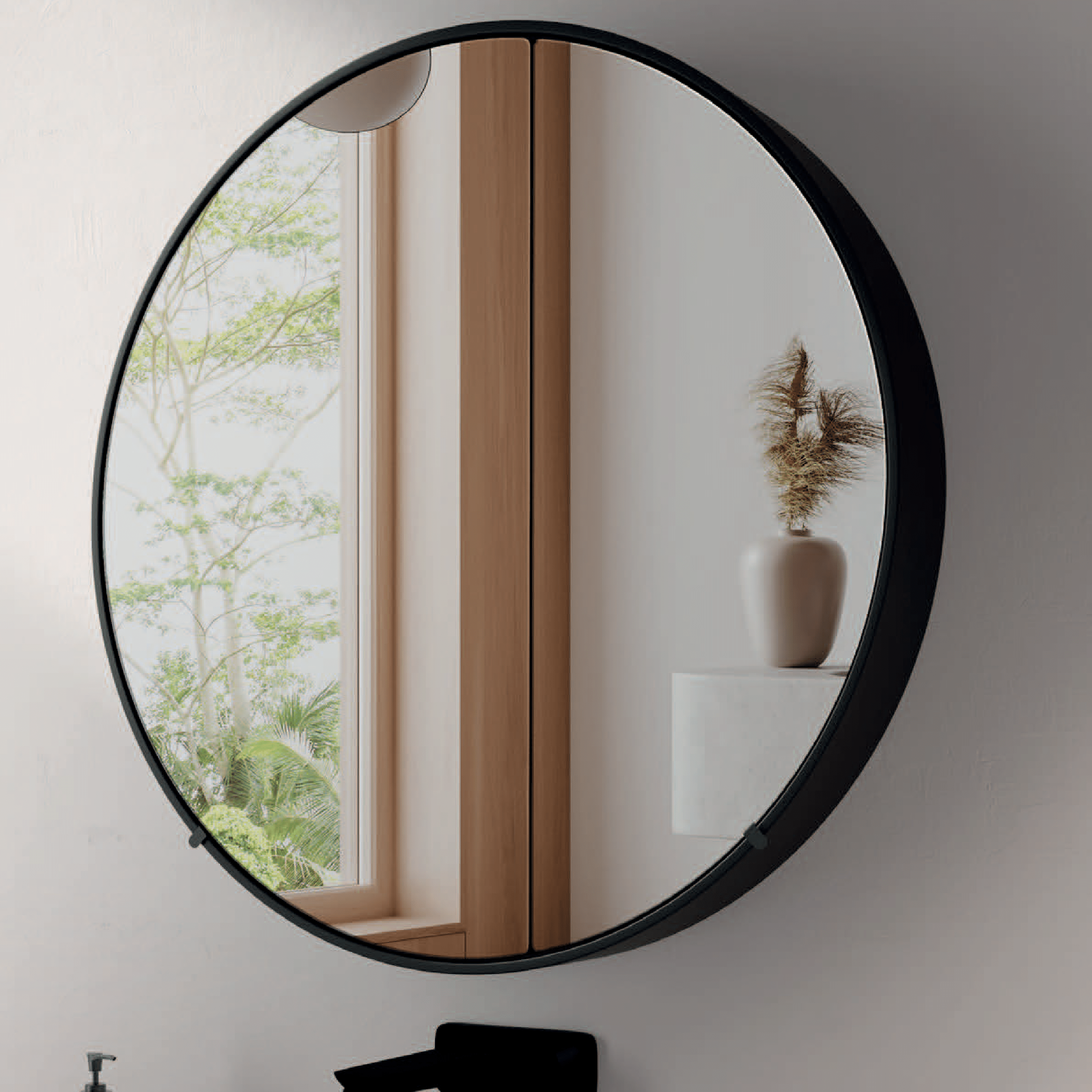 Specchio Tondo Doppia Anta Contenitivo Diametro 80 Con Apertura a 90° "Ecolux" Nero