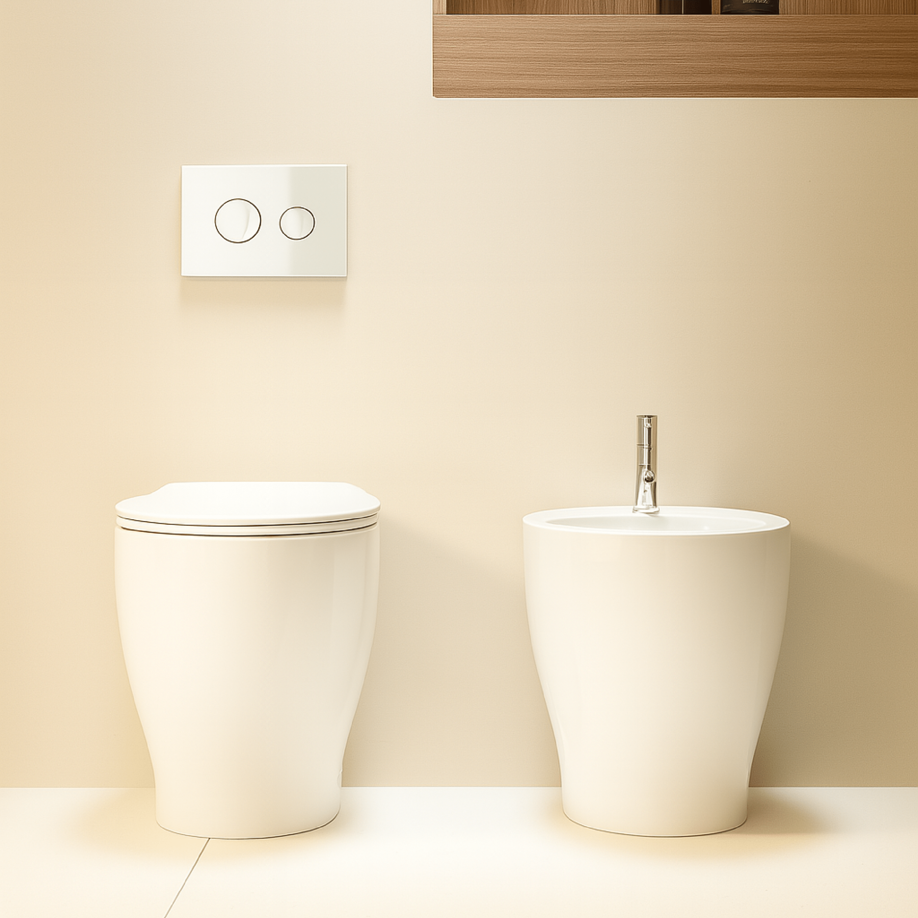 Coppia Di Sanitari a Terra Senza Brida Con Copriwater Domus Falerii "Gran Mascalzone" Bianco Lucido