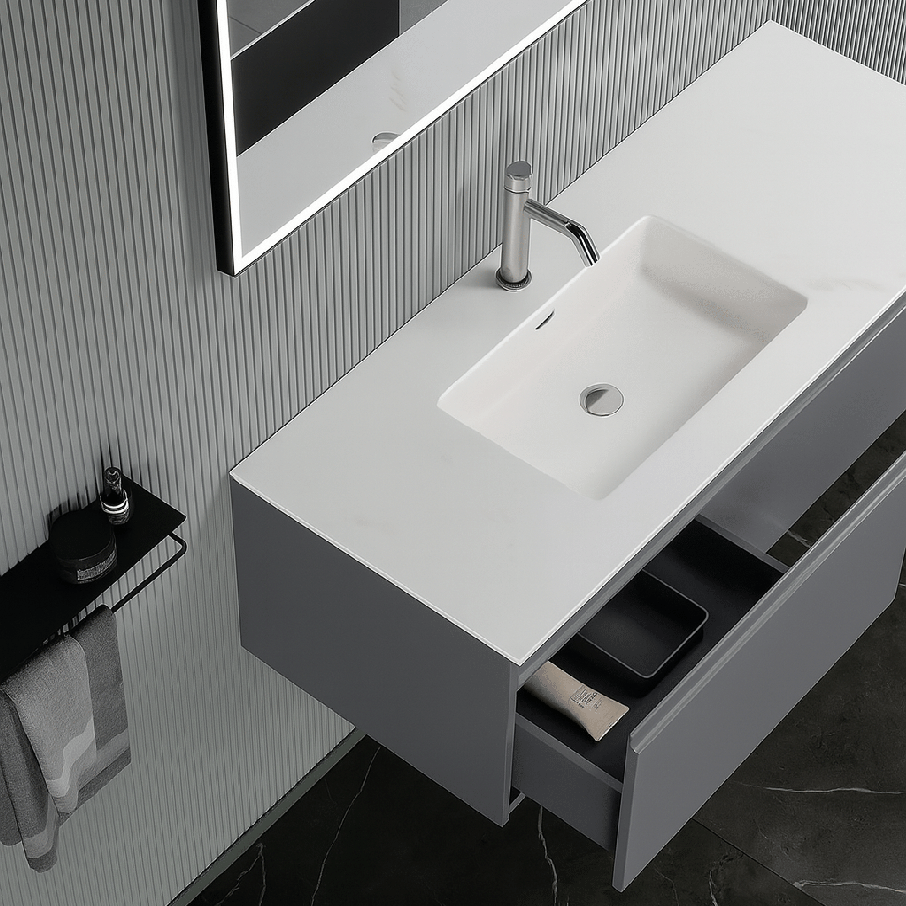 Mobile Bagno Sospeso 120 Cm Un Cassetto Con Vano a Giorno Specchio Con Led Frontale 120x70 Cm ItalBagno "Kompos 120"