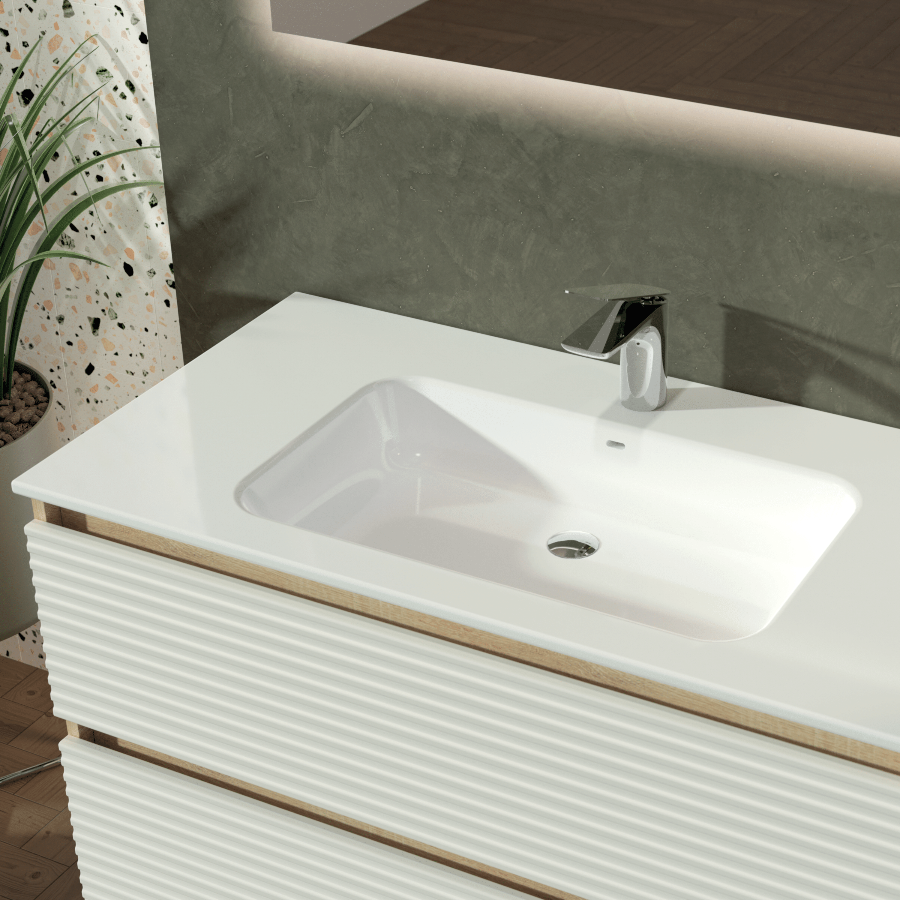 Mobile Bagno Sospeso Cannettato 100 Cm Due Cassetti Specchio Retroilluminato 100x70 Cm Esseci Arredo Bagno "Creta Orizzontale"