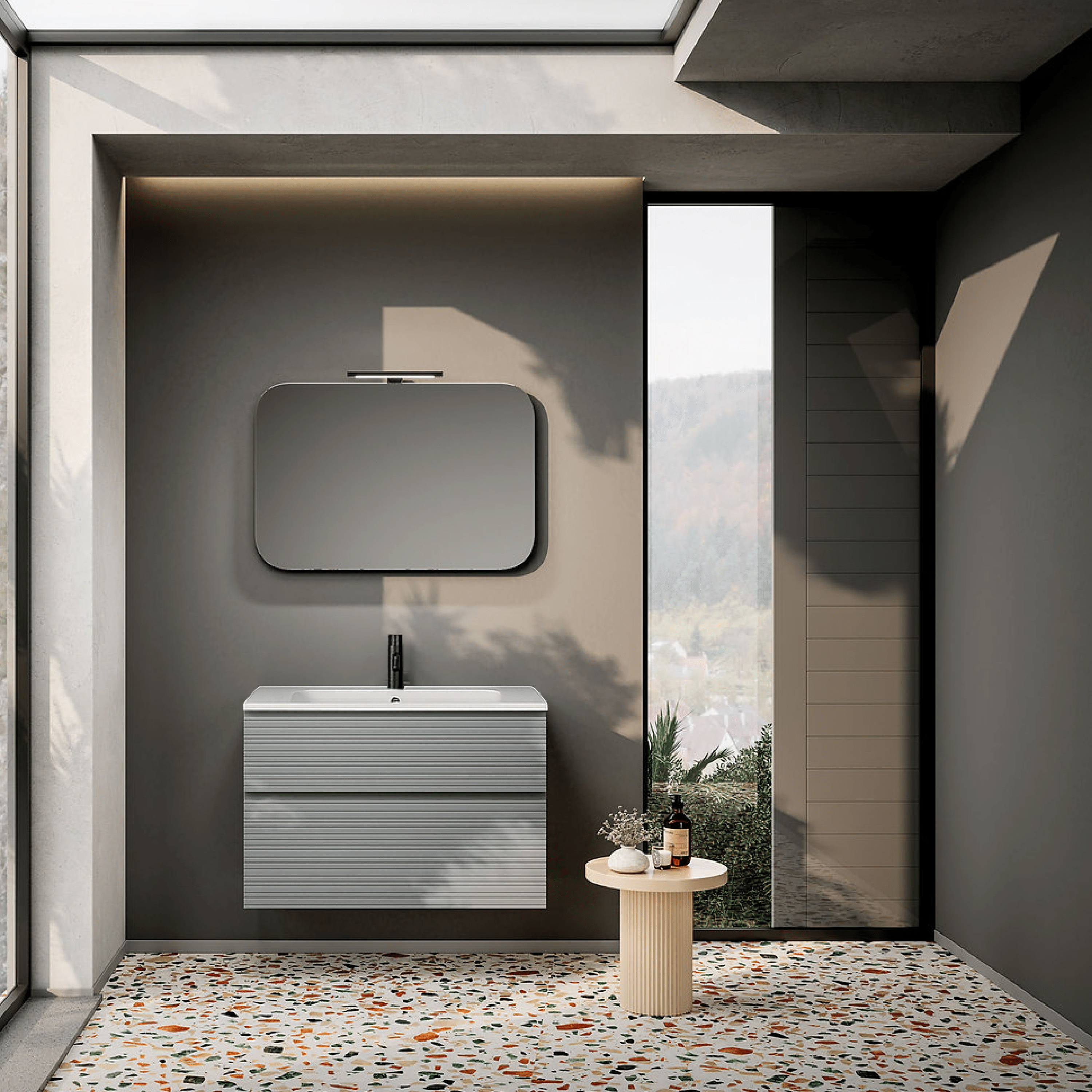 Mobile Bagno Sospeso 80 Cm Due Cassetti Specchio Con Lampada Led 90x60 Cm ItalBagno "Diamante 116"