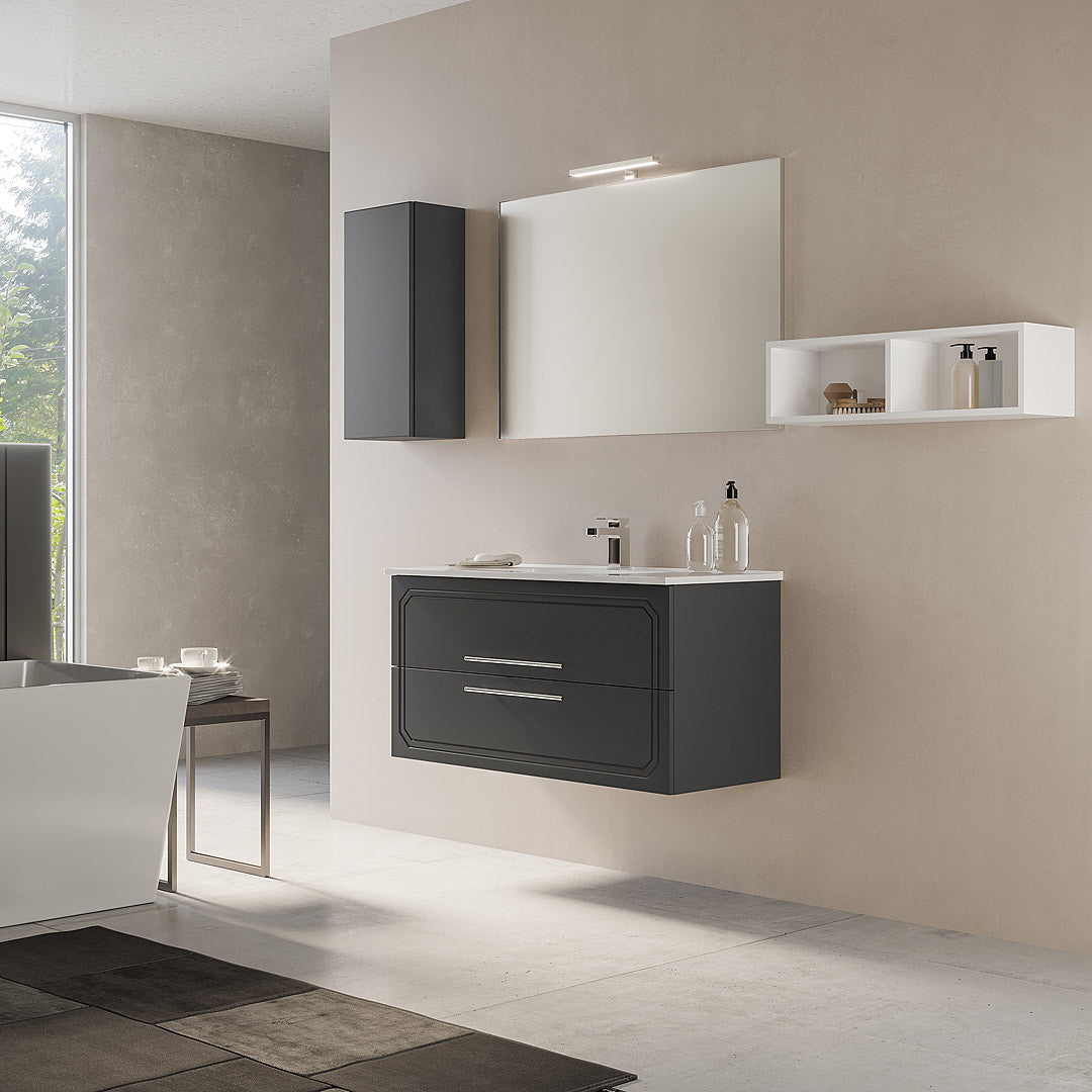 Mobile Bagno Sospeso 100 Cm Due Cassetti Specchio Con Illuminazione Led Savini "Maya 2"
