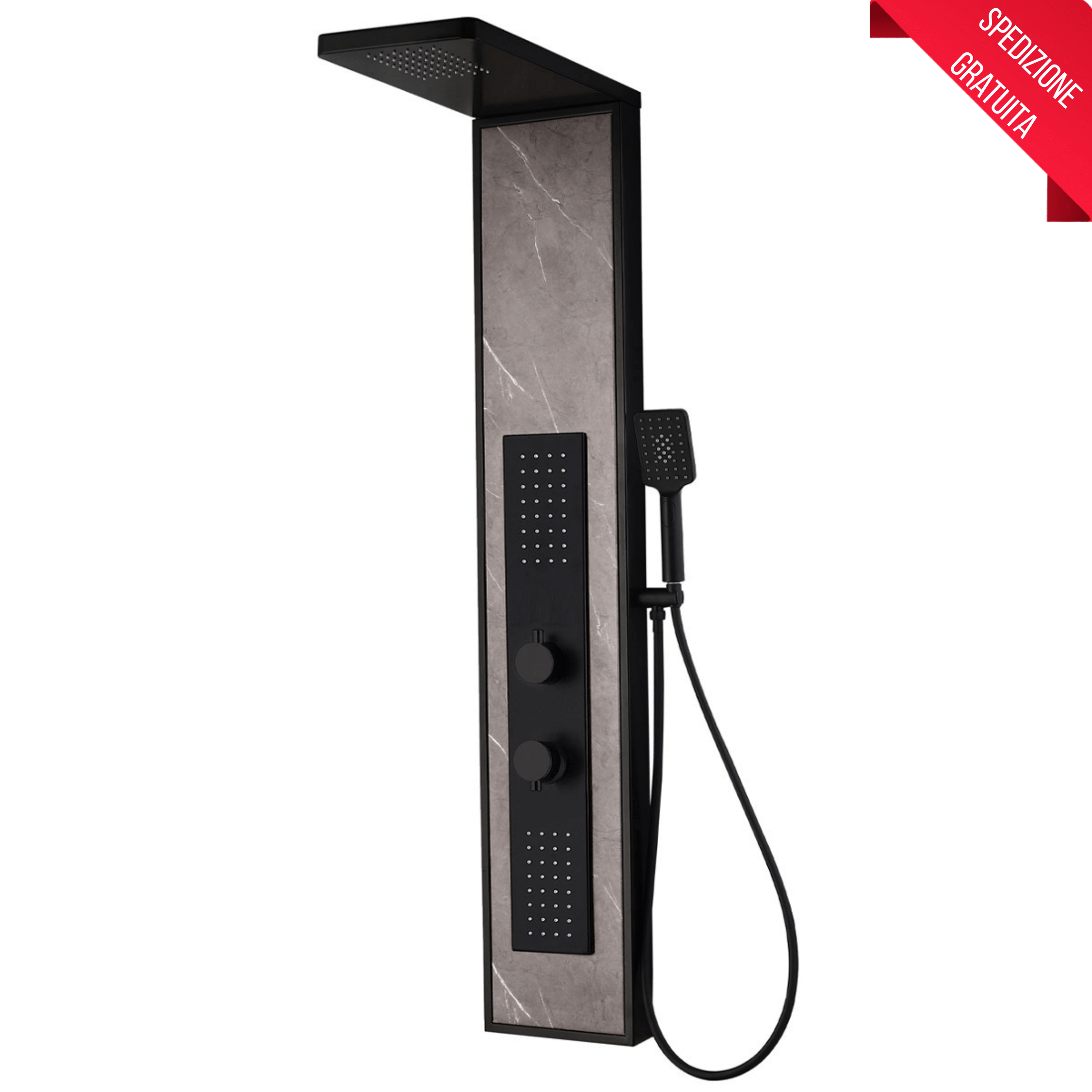 Colonna Doccia Idromassaggio Con Effetto Pioggia e Kit Doccetta Karag "Nios" Nero Opaco/Marmo Satinato