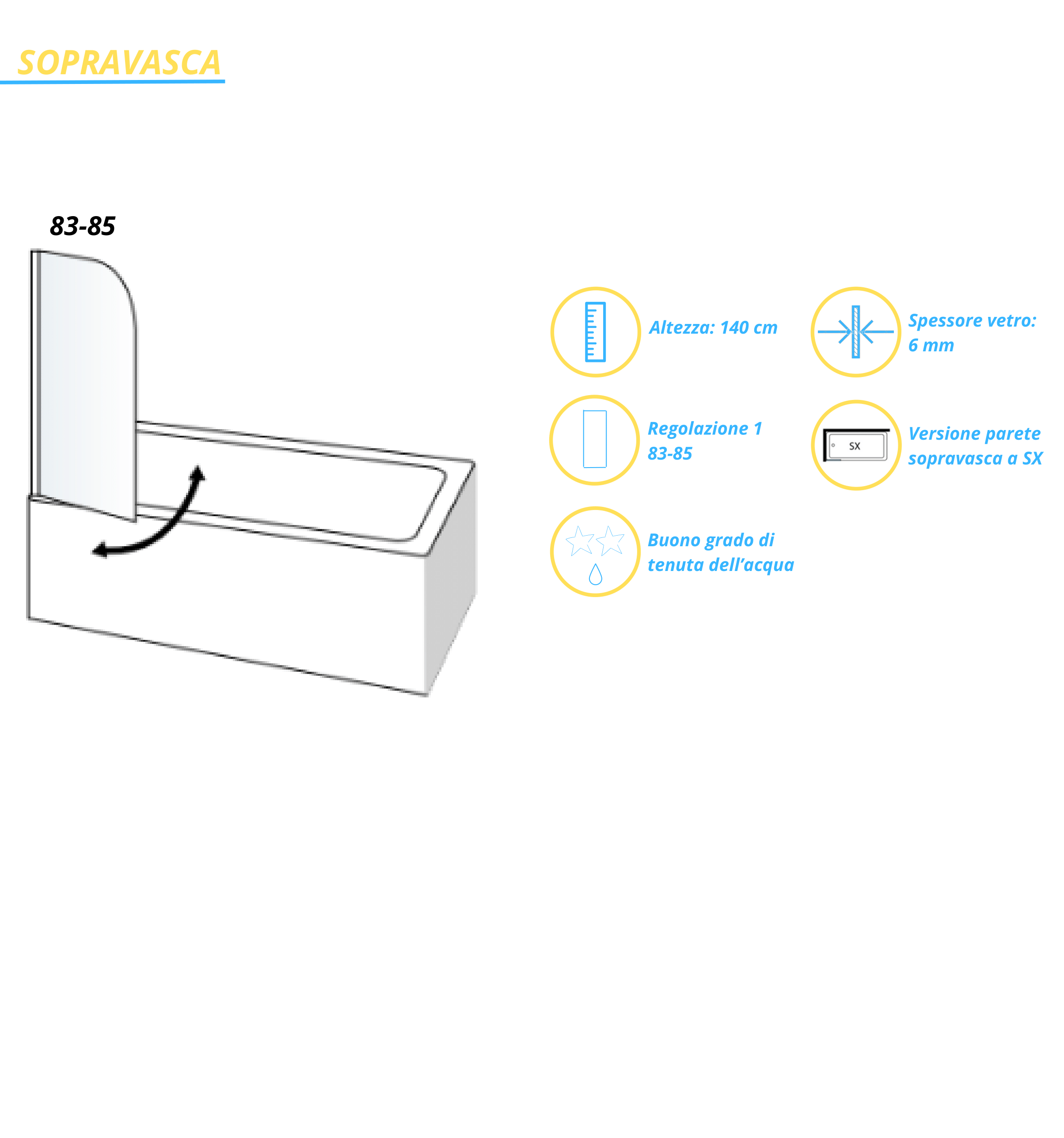 Parete Sopravasca Girevole Versione Sx 85 Cm Giava Argento Lucido/Vetro Trasparente