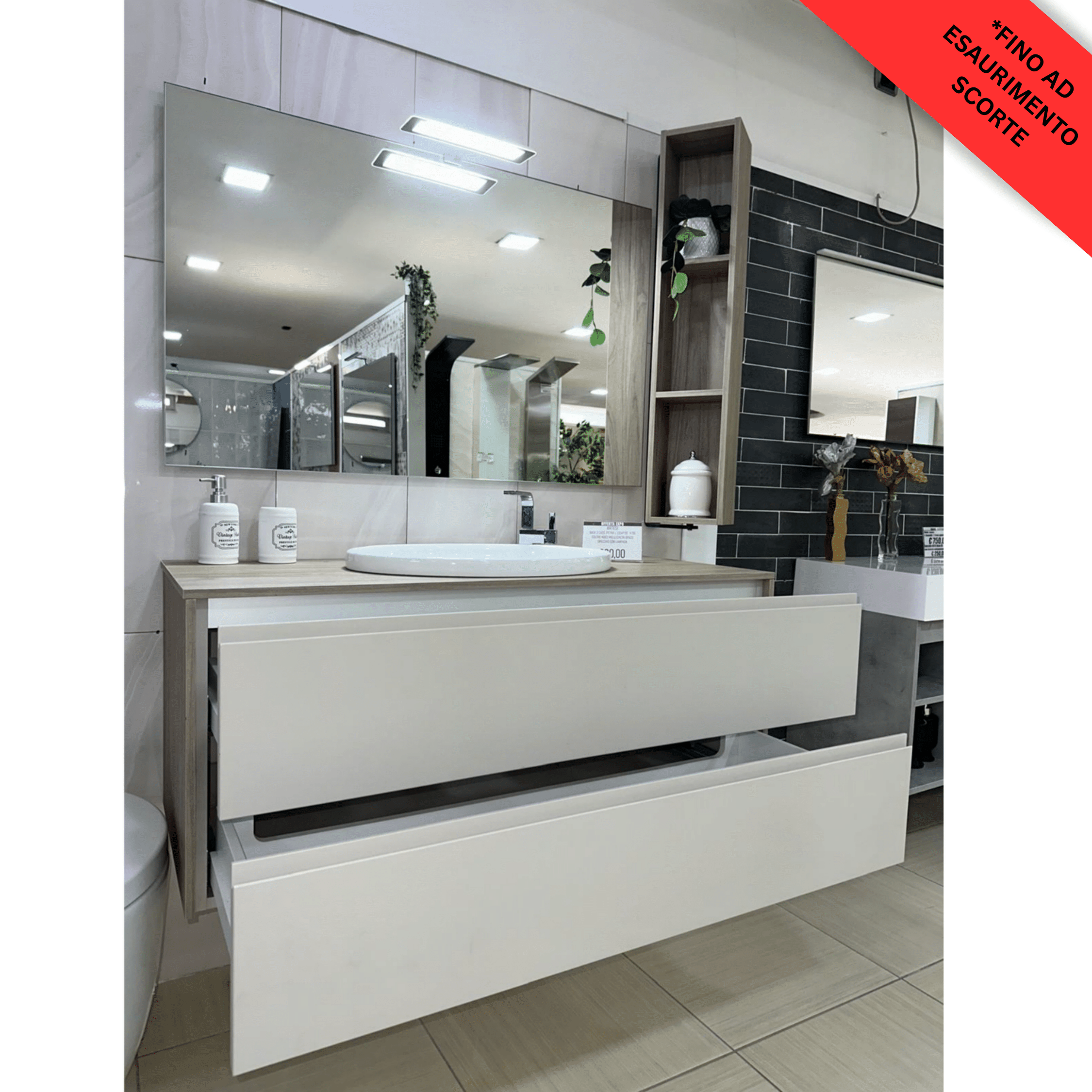 Offerta Expo' Mobile Bagno Sospeso da 120 cm Colore Noce Miele/Creta Opaco Specchio Con Lampada Led Completo Di Lavabo Artesi "Petra"