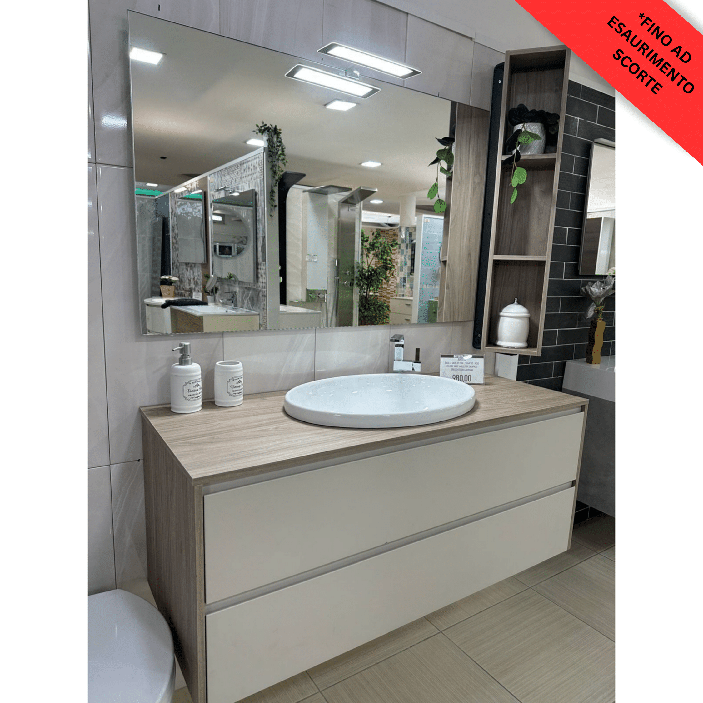 Offerta Expo' Mobile Bagno Sospeso da 120 cm Colore Noce Miele/Creta Opaco Specchio Con Lampada Led Completo Di Lavabo Artesi "Petra"