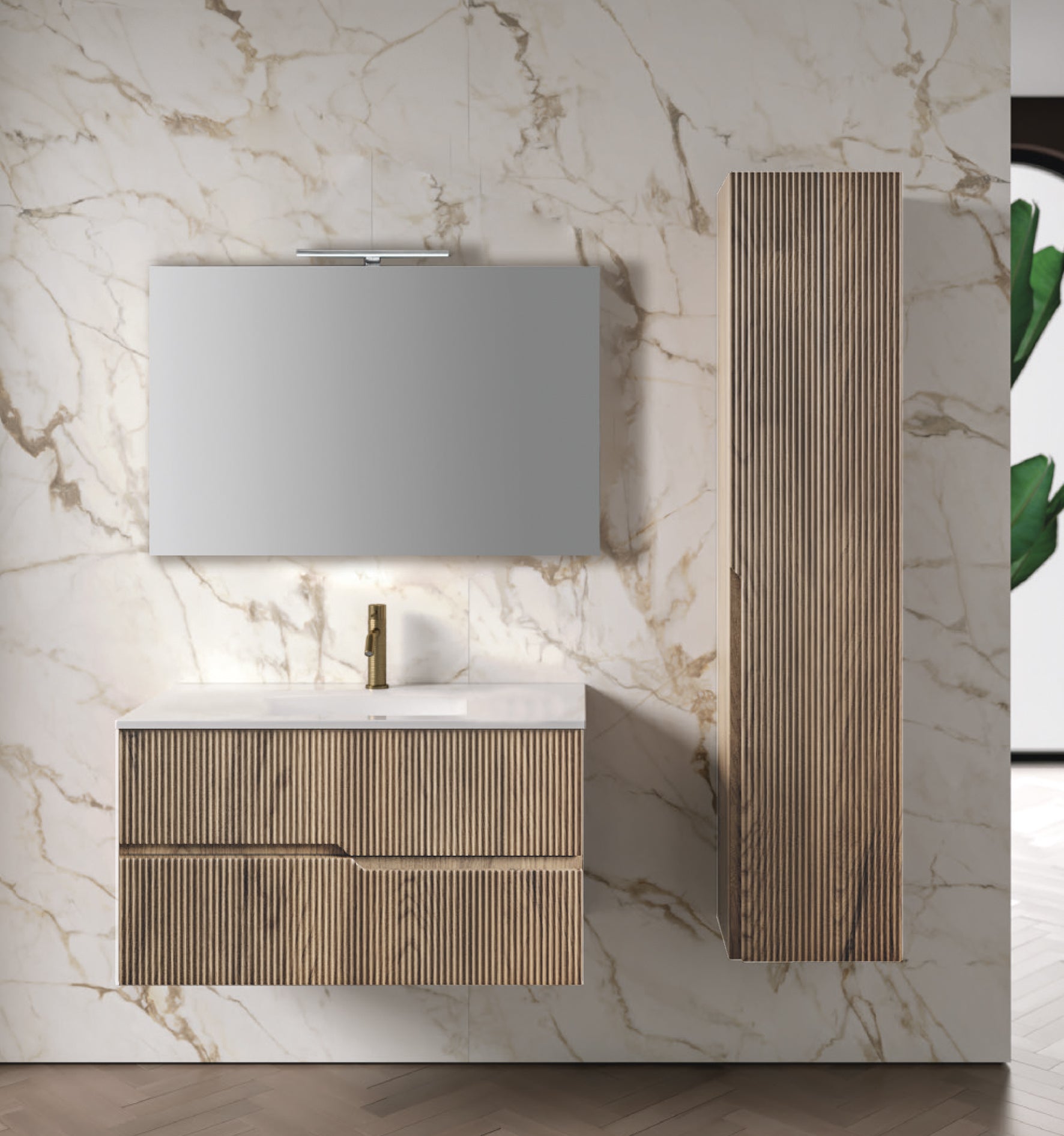 Mobile Bagno Sospeso Cannettato 120 Cm Due Cassetti Specchio Con Lampada Led 100x70 Cm ItalBagno "Victor"